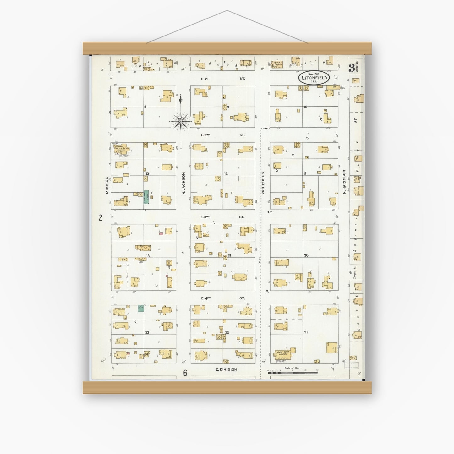 Old map wall art mockup — magnetic wood frame on white wall — Sanborn Fire Insurance Map from Litchfield, Montgomery County, Illinois (1905), Sheet #0003
