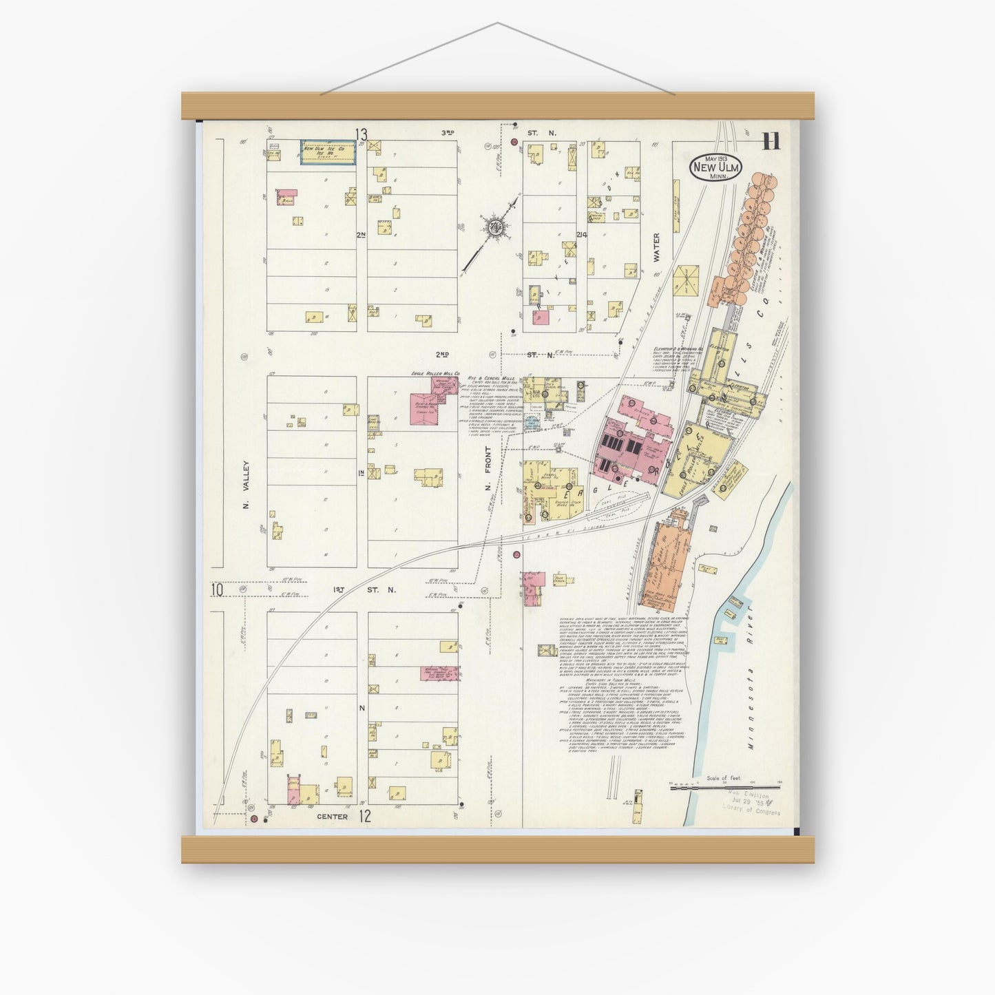 Old map wall art mockup — magnetic wood frame on white wall — Sanborn Fire Insurance Map from New Ulm, Brown County, Minnesota (1913), Sheet #0011