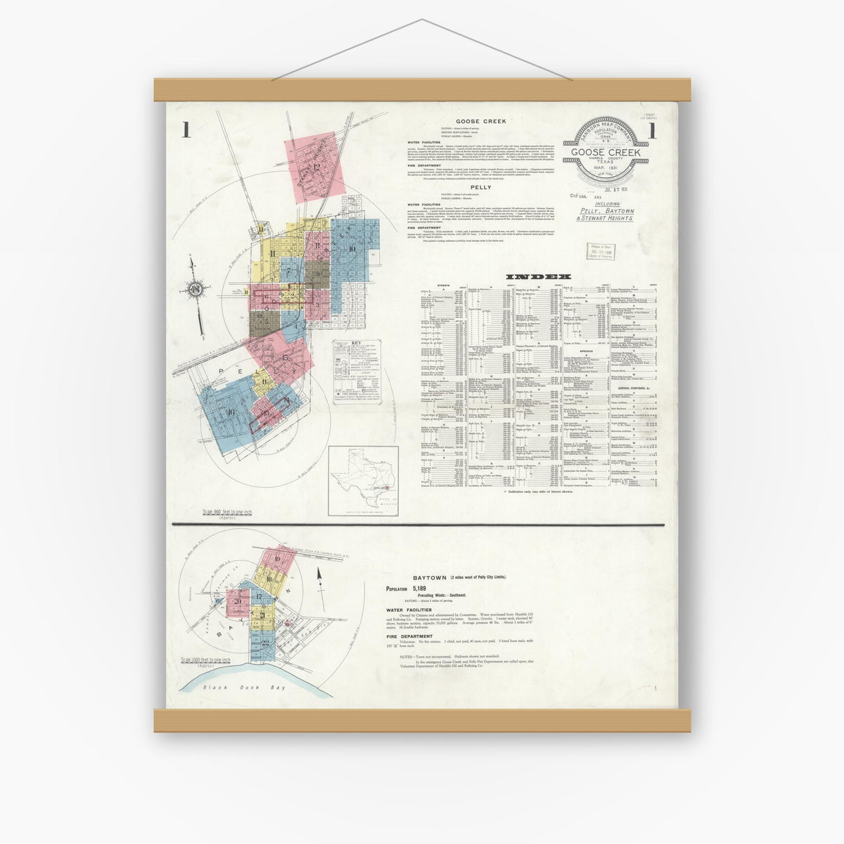 Old map wall art mockup — magnetic wood frame on white wall — Sanborn Fire Insurance Map from Goose Creek, Harris County, Texas (1931) - Complete Map Set