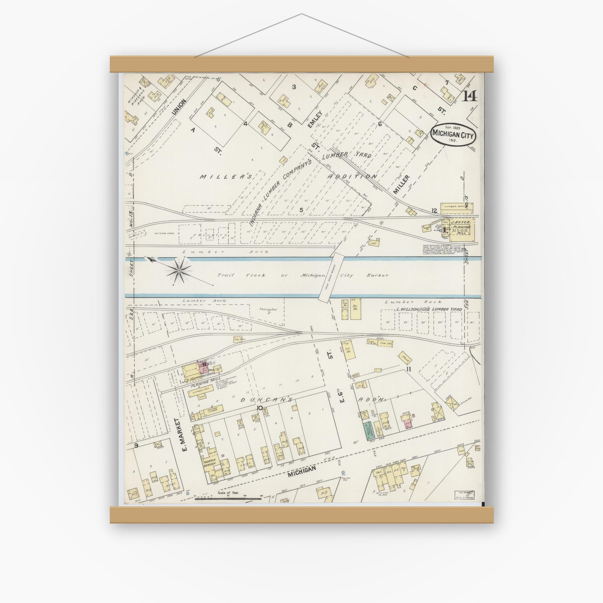 Old map wall art mockup — magnetic wood frame on white wall — Sanborn Fire Insurance Map from Michigan City, La Porte County, Indiana (1889), Sheet #0014