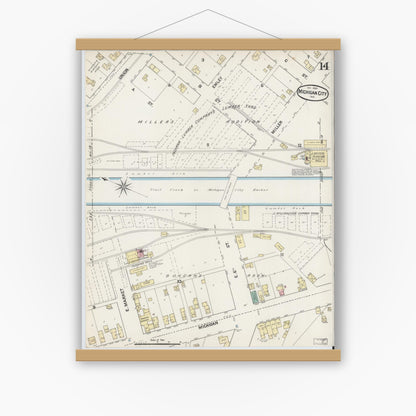 Old map wall art mockup — magnetic wood frame on white wall — Sanborn Fire Insurance Map from Michigan City, La Porte County, Indiana (1889), Sheet #0014