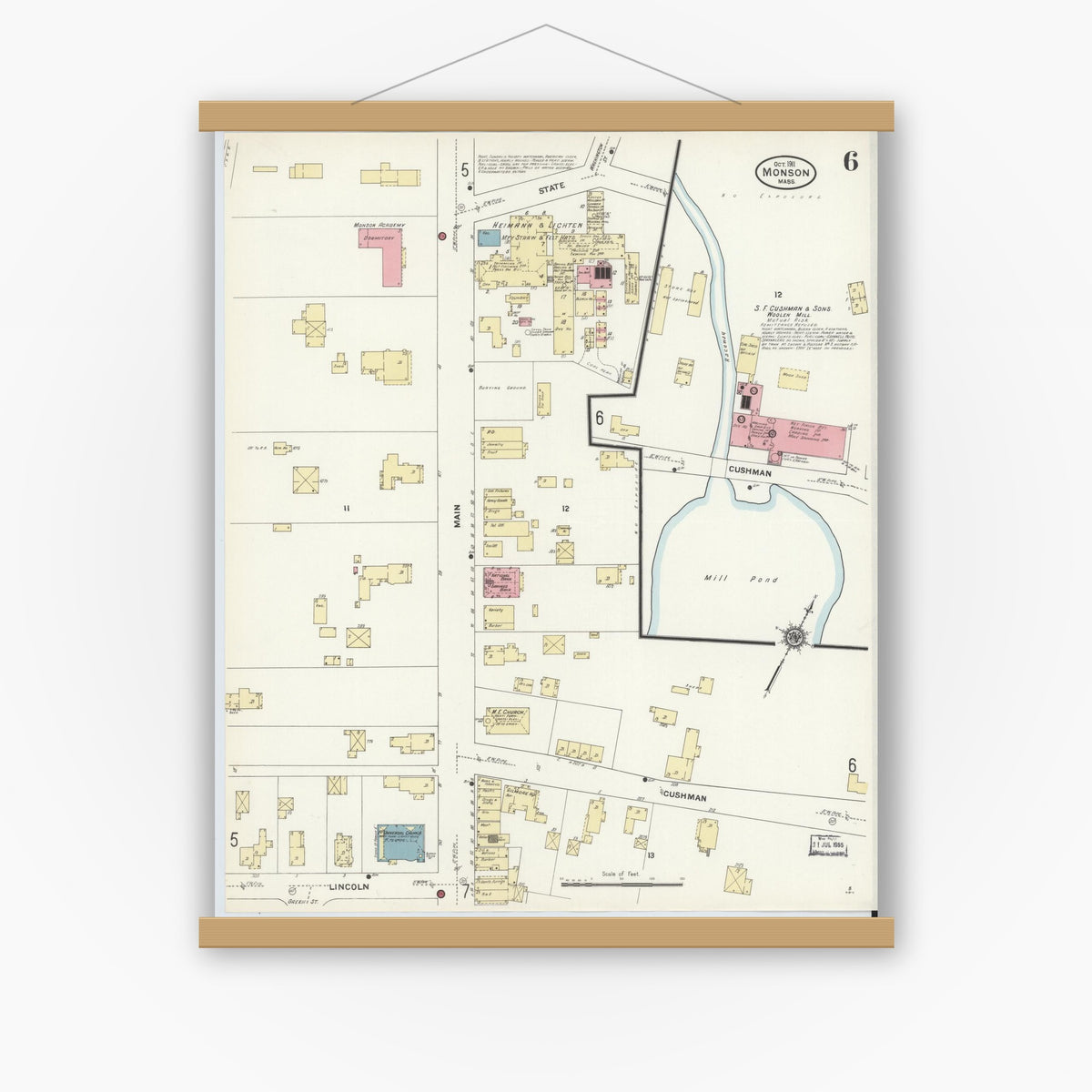 Old map wall art mockup — magnetic wood frame on white wall — Sanborn Fire Insurance Map from Monson, Hampden County, Massachusetts (1911), Sheet #0006
