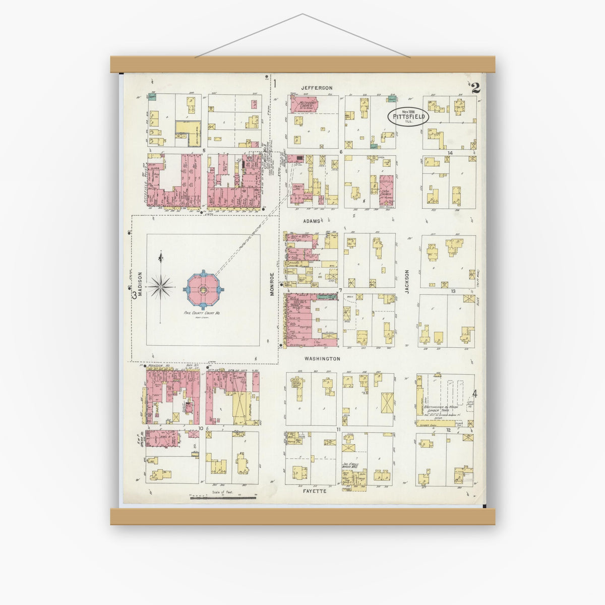 Old map wall art mockup — magnetic wood frame on white wall — Sanborn Fire Insurance Map from Pittsfield, Pike County, Illinois (1898), Sheet #0002