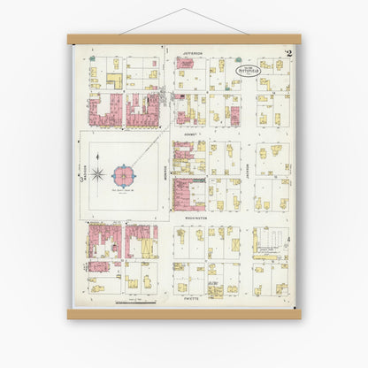 Old map wall art mockup — magnetic wood frame on white wall — Sanborn Fire Insurance Map from Pittsfield, Pike County, Illinois (1898), Sheet #0002