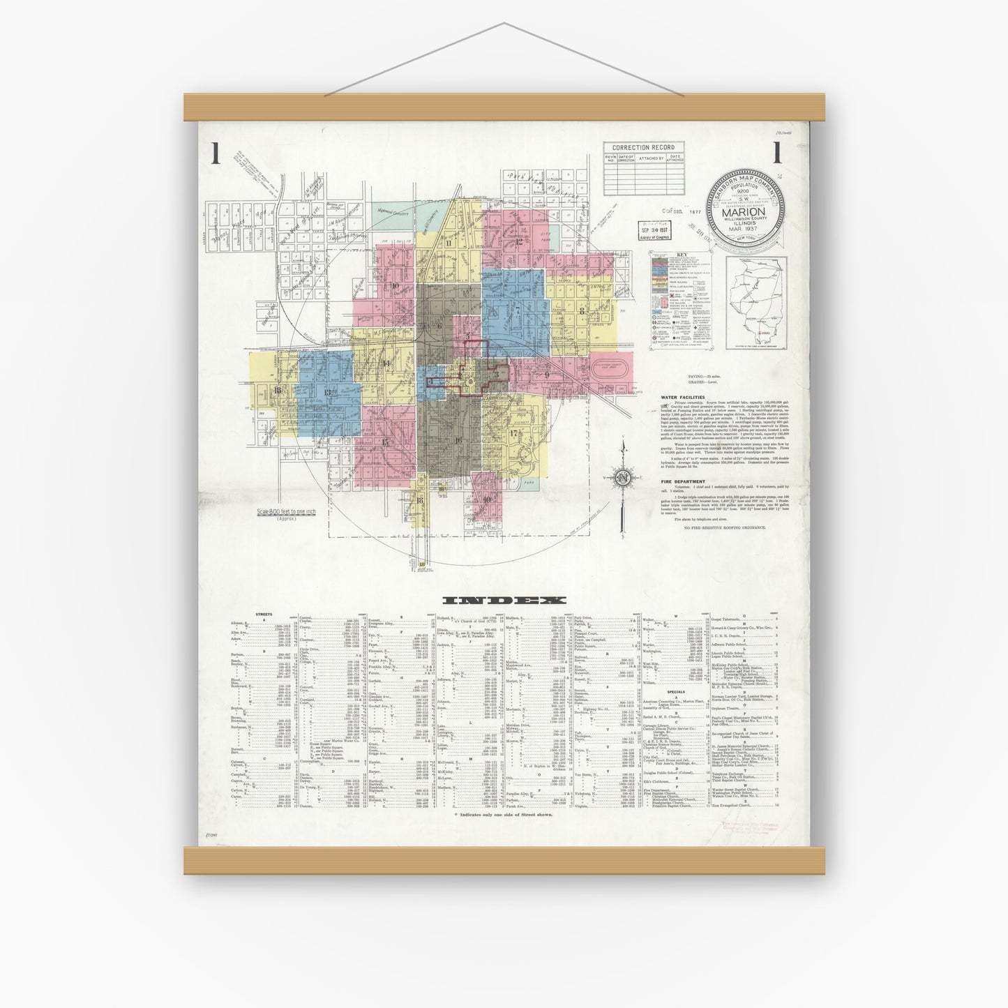 Old map wall art mockup — magnetic wood frame on white wall — Sanborn Fire Insurance Map from Marion, Williamson County, Illinois (1937) - Complete Map Set