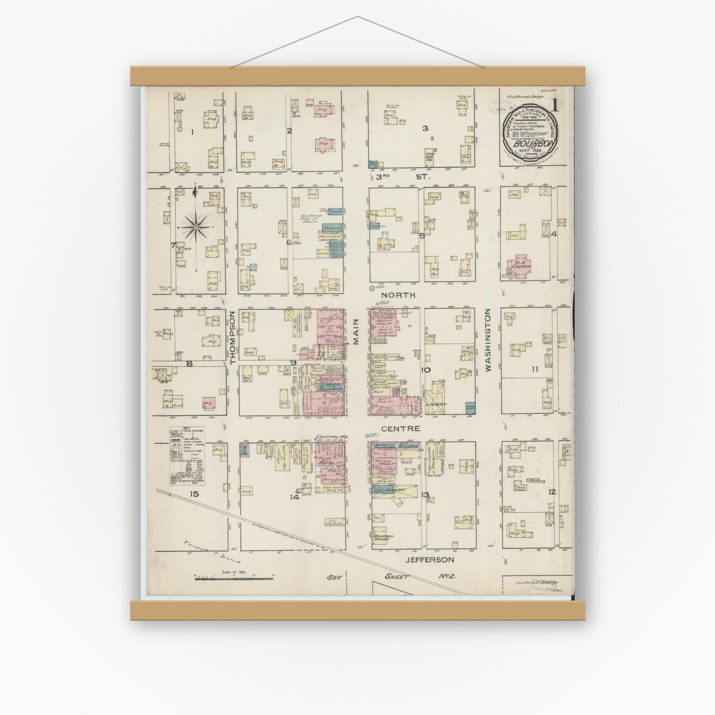 Old map wall art mockup — magnetic wood frame on white wall — Sanborn Fire Insurance Map from Bourbon, Marshall County, Indiana (1886) - Complete Map Set