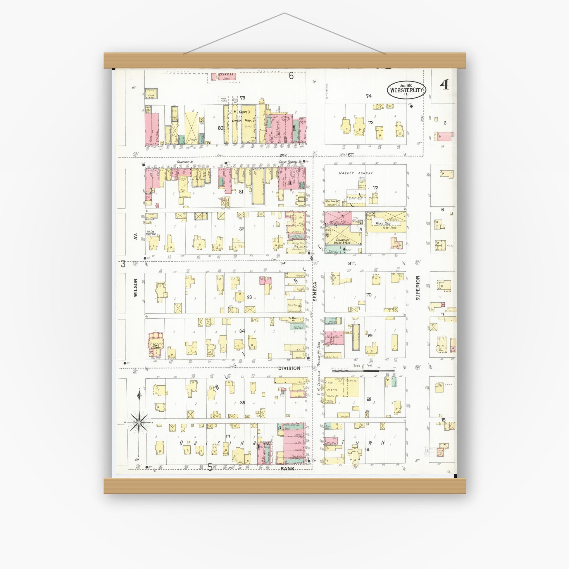 Old map wall art mockup — magnetic wood frame on white wall — Sanborn Fire Insurance Map from Webster City, Hamilton County, Iowa (1900), Sheet #0004