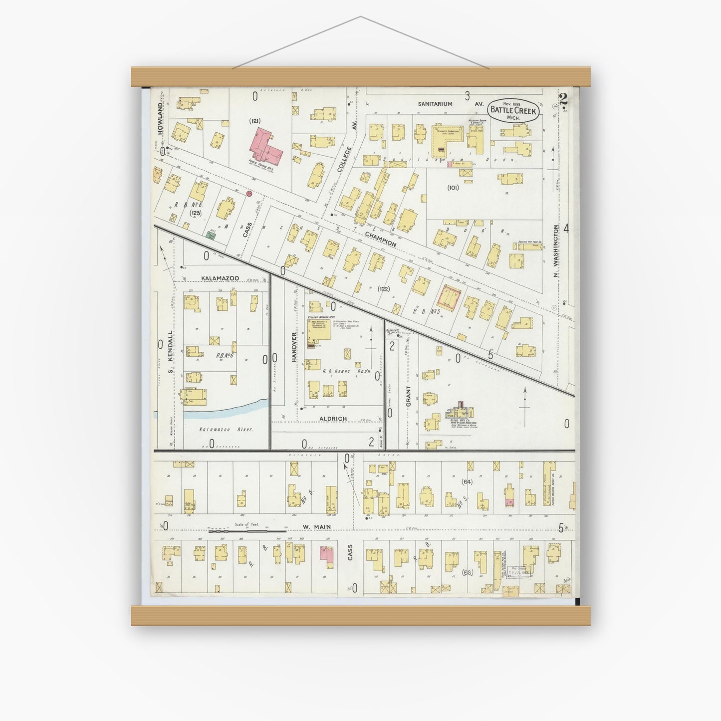 Old map wall art mockup — magnetic wood frame on white wall — Sanborn Fire Insurance Map from Battle Creek, Calhoun County, Michigan (1899), Sheet #0002