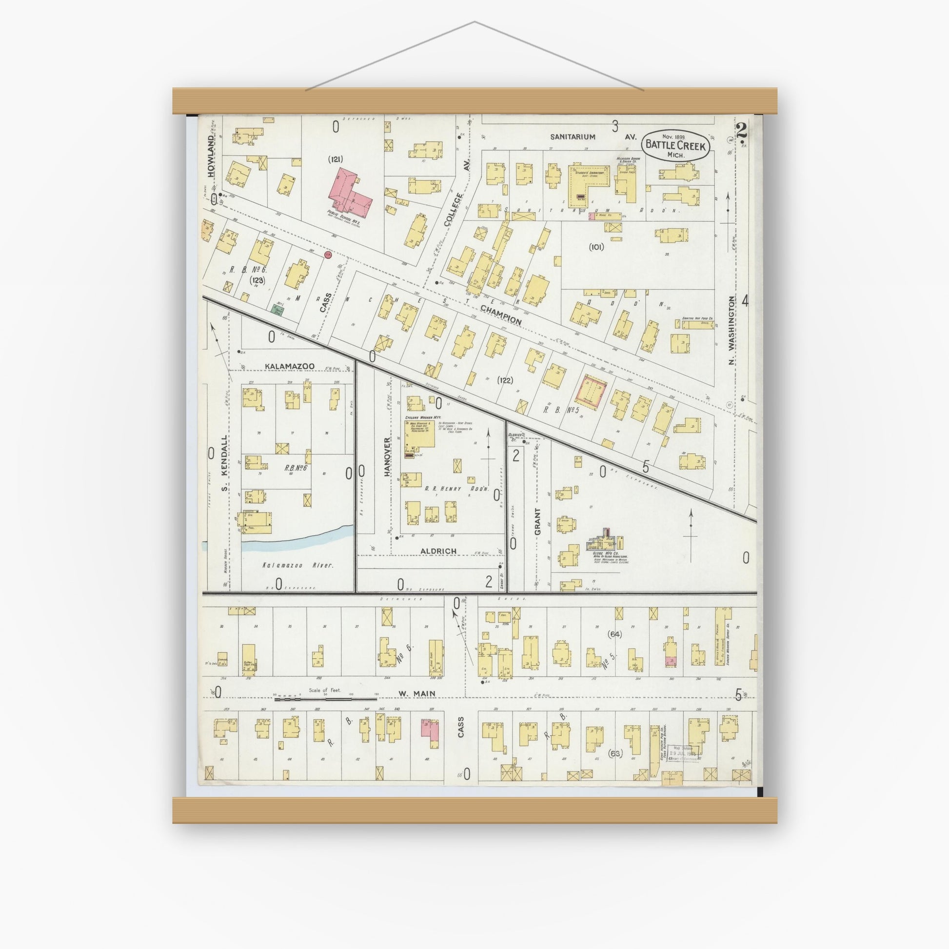 Old map wall art mockup — magnetic wood frame on white wall — Sanborn Fire Insurance Map from Battle Creek, Calhoun County, Michigan (1899), Sheet #0002