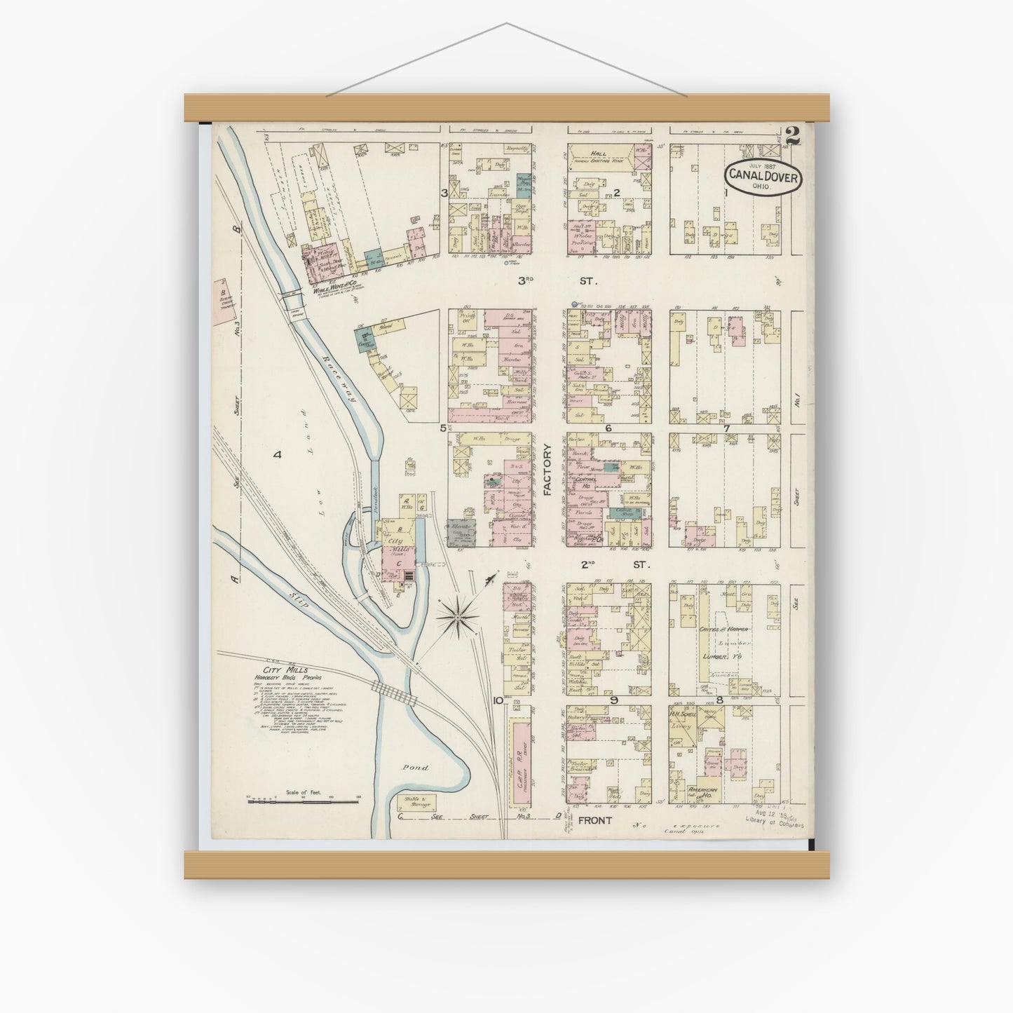 Old map wall art mockup — magnetic wood frame on white wall — Sanborn Fire Insurance Map from Canal Dover, Tuscarawas County, Ohio (1887), Sheet #0002