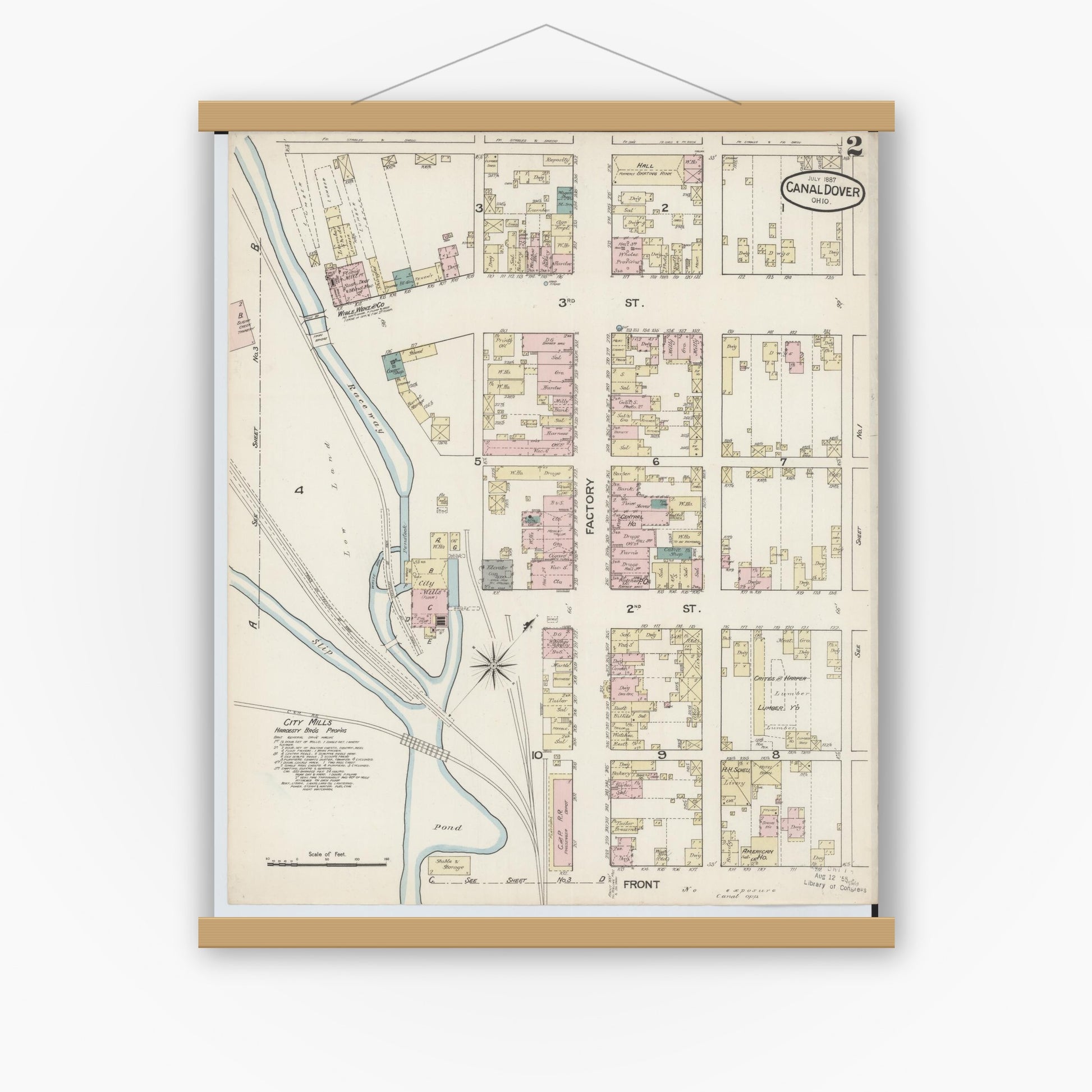 Old map wall art mockup — magnetic wood frame on white wall — Sanborn Fire Insurance Map from Canal Dover, Tuscarawas County, Ohio (1887), Sheet #0002