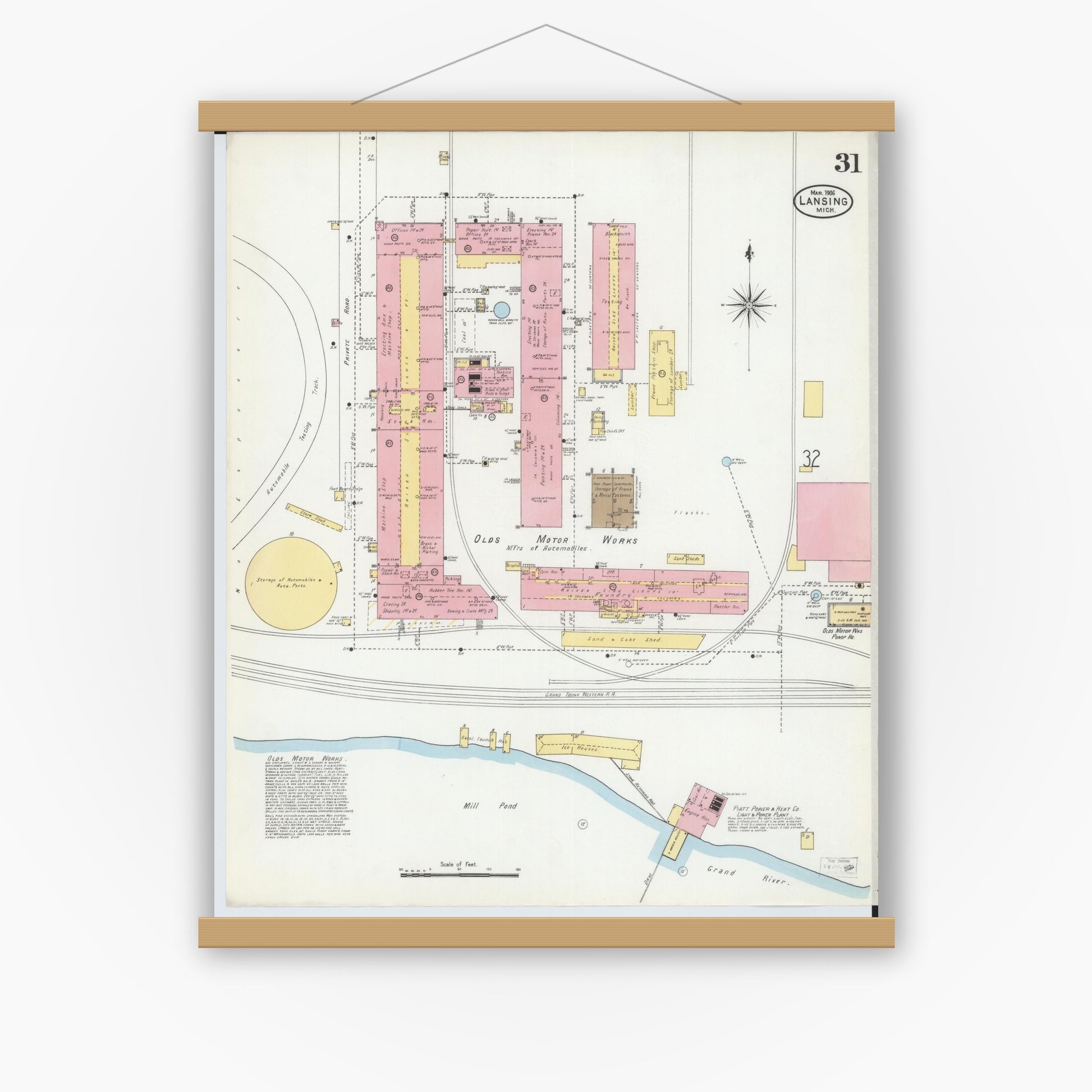 Old map wall art mockup — magnetic wood frame on white wall — Sanborn Fire Insurance Map from Lansing, Ingham County, Michigan (1906), Sheet #0031