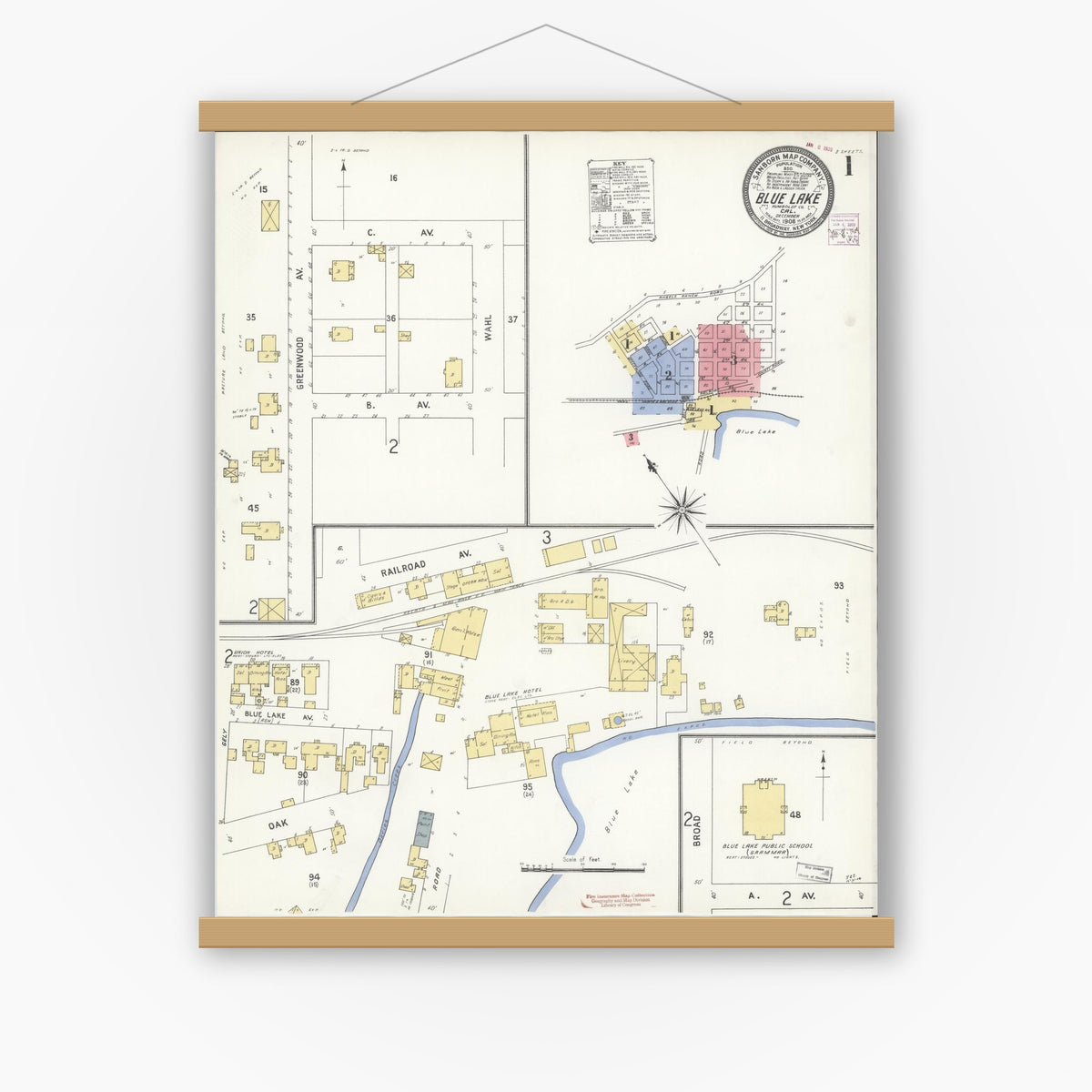 Old map wall art mockup — magnetic wood frame on white wall — Sanborn Fire Insurance Map from Blue Lake, Humboldt County, California (1908), Sheet #0001