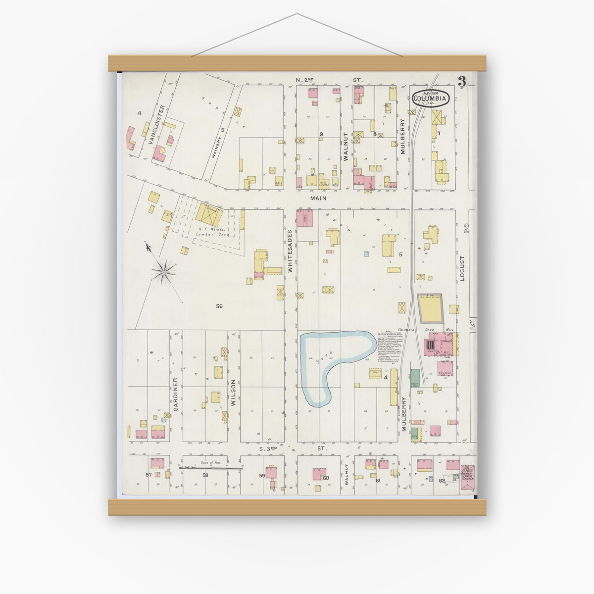 Old map wall art mockup — magnetic wood frame on white wall — Sanborn Fire Insurance Map from Columbia, Monroe County, Illinois (1894), Sheet #0003