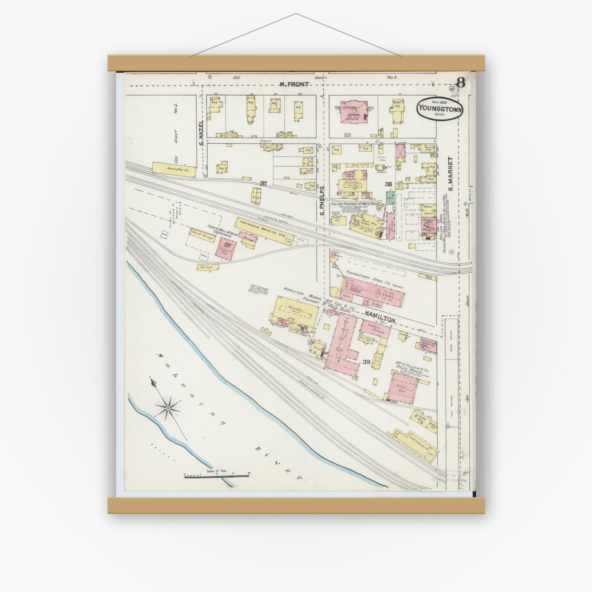 Old map wall art mockup — magnetic wood frame on white wall — Sanborn Fire Insurance Map from Youngstown, Mahoning County, Ohio (1889), Sheet #0008