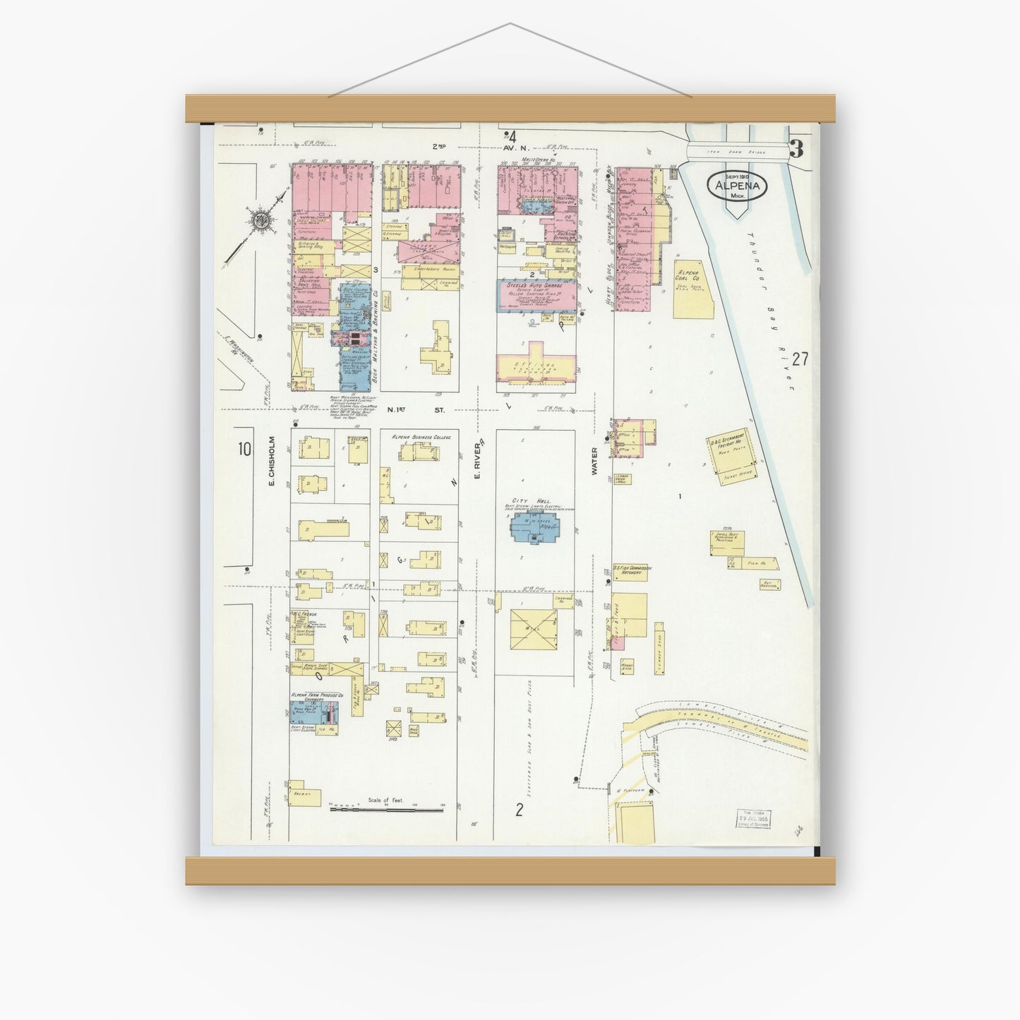 Old map wall art mockup — magnetic wood frame on white wall — Sanborn Fire Insurance Map from Alpena, Alpena County, Michigan (1910), Sheet #0003