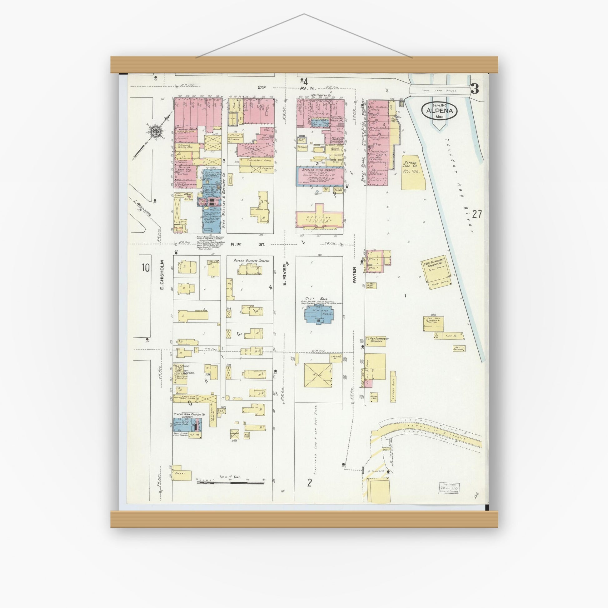 Old map wall art mockup — magnetic wood frame on white wall — Sanborn Fire Insurance Map from Alpena, Alpena County, Michigan (1910), Sheet #0003