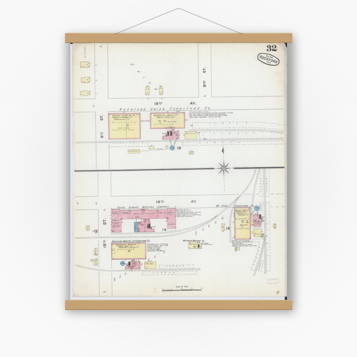 Old map wall art mockup — magnetic wood frame on white wall — Sanborn Fire Insurance Map from Rockford, Winnebago County, Illinois (1891), Sheet #0032