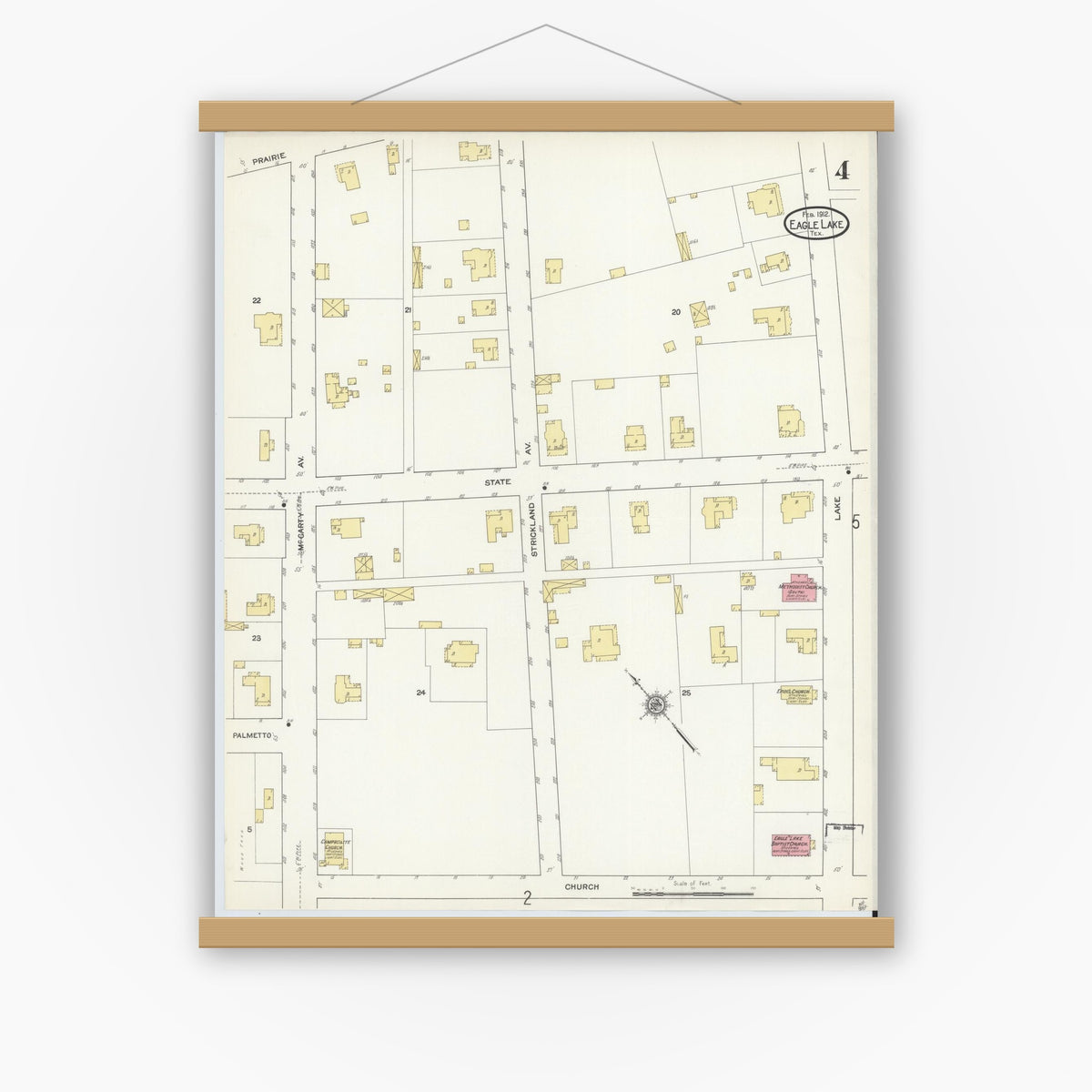 Old map wall art mockup — magnetic wood frame on white wall — Sanborn Fire Insurance Map from Eagle Lake, Colorado County, Texas (1912), Sheet #0004
