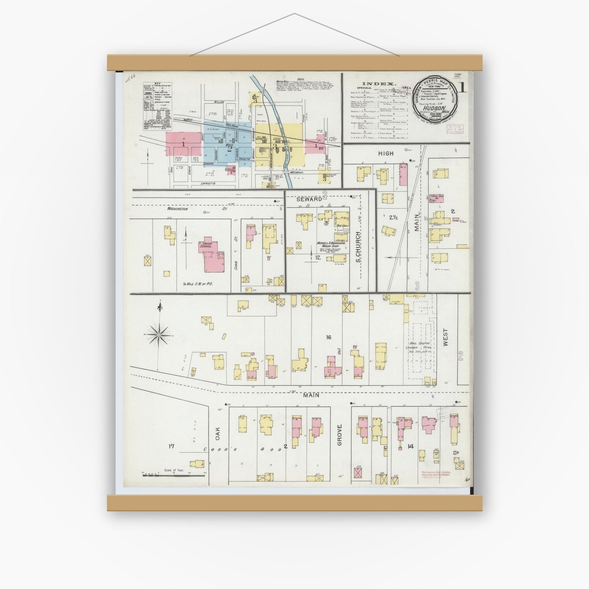 Old map wall art mockup — magnetic wood frame on white wall — Sanborn Fire Insurance Map from Hudson, Lenawee County, Michigan (1893) - Complete Map Set