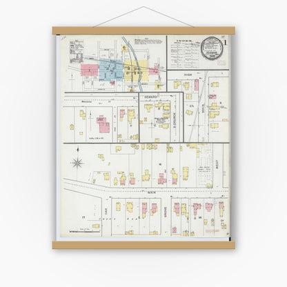 Old map wall art mockup — magnetic wood frame on white wall — Sanborn Fire Insurance Map from Hudson, Lenawee County, Michigan (1893) - Complete Map Set