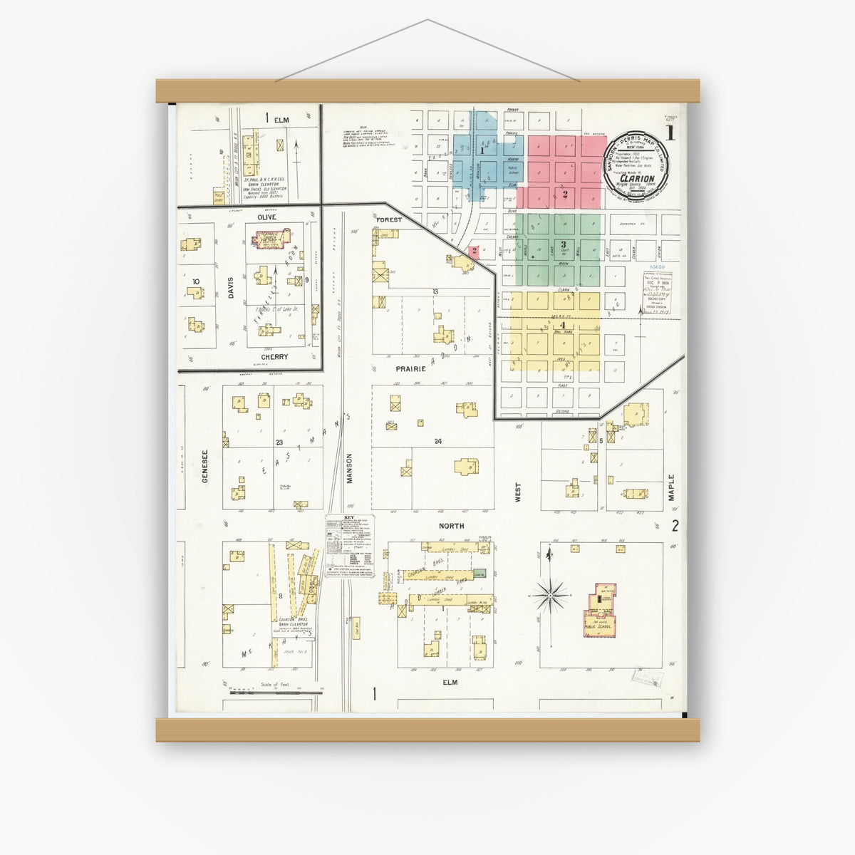 Old map wall art mockup — magnetic wood frame on white wall — Sanborn Fire Insurance Map from Clarion, Wright County, Iowa (1900), Sheet #0001