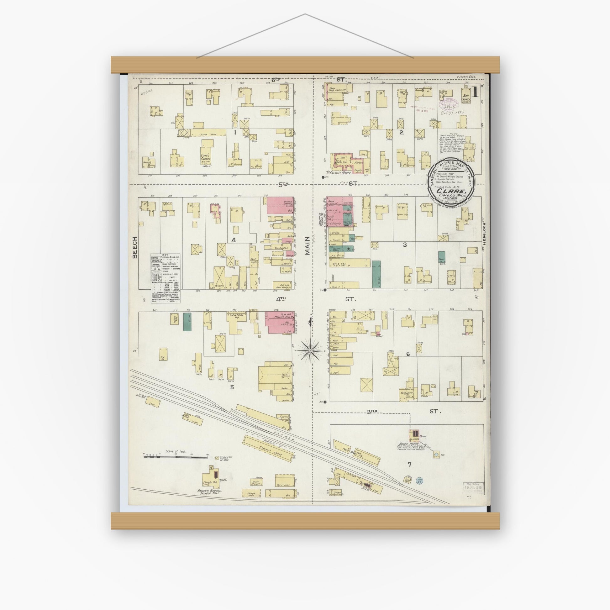 Old map wall art mockup — magnetic wood frame on white wall — Sanborn Fire Insurance Map from Clare, Clare County, Michigan (1893) - Complete Map Set