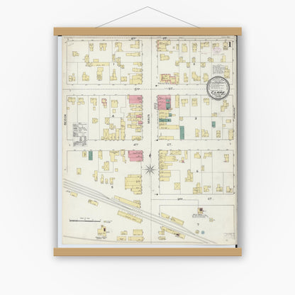 Old map wall art mockup — magnetic wood frame on white wall — Sanborn Fire Insurance Map from Clare, Clare County, Michigan (1893) - Complete Map Set