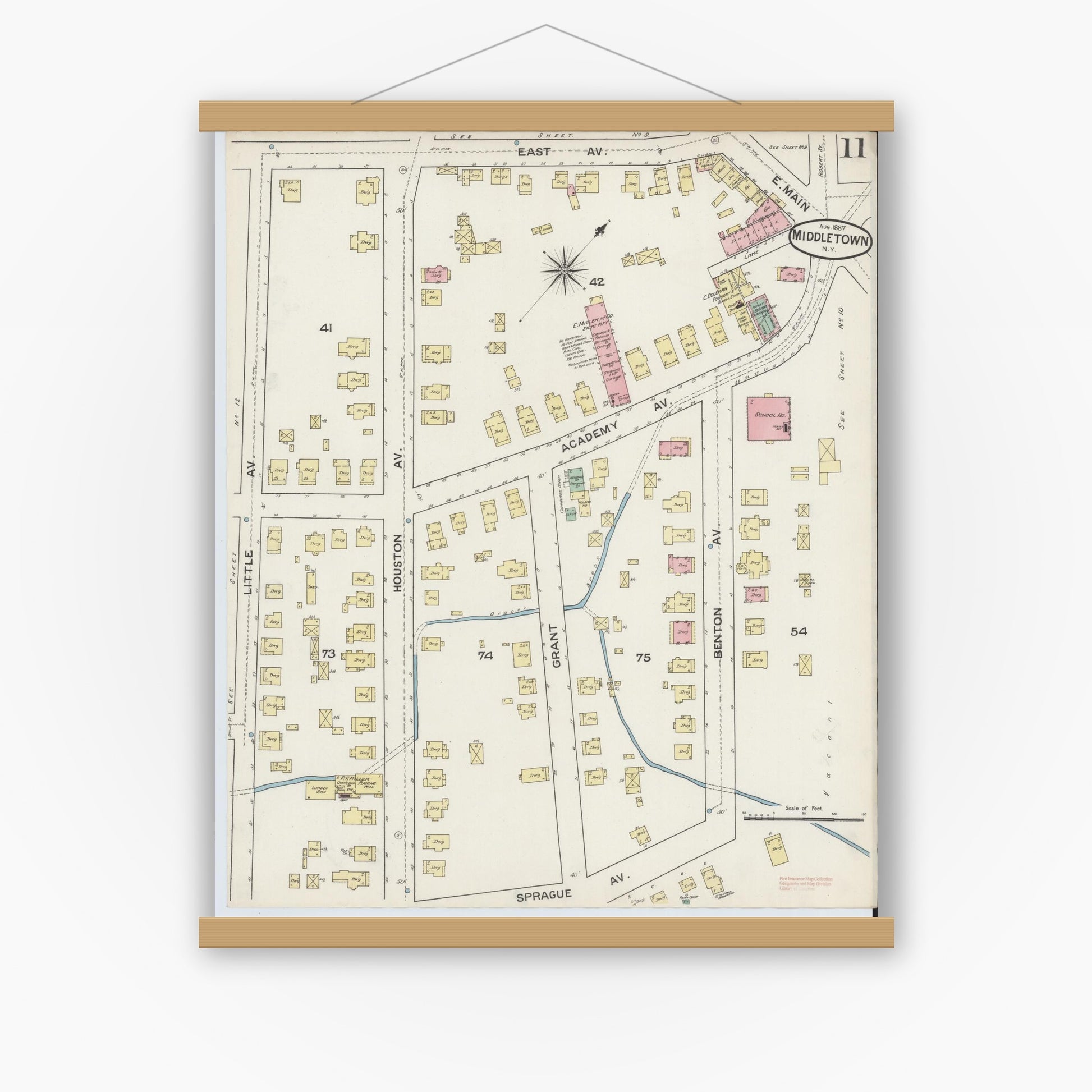 Old map wall art mockup — magnetic wood frame on white wall — Sanborn Fire Insurance Map from Middletown, Orange County, New York (1887), Sheet #0010