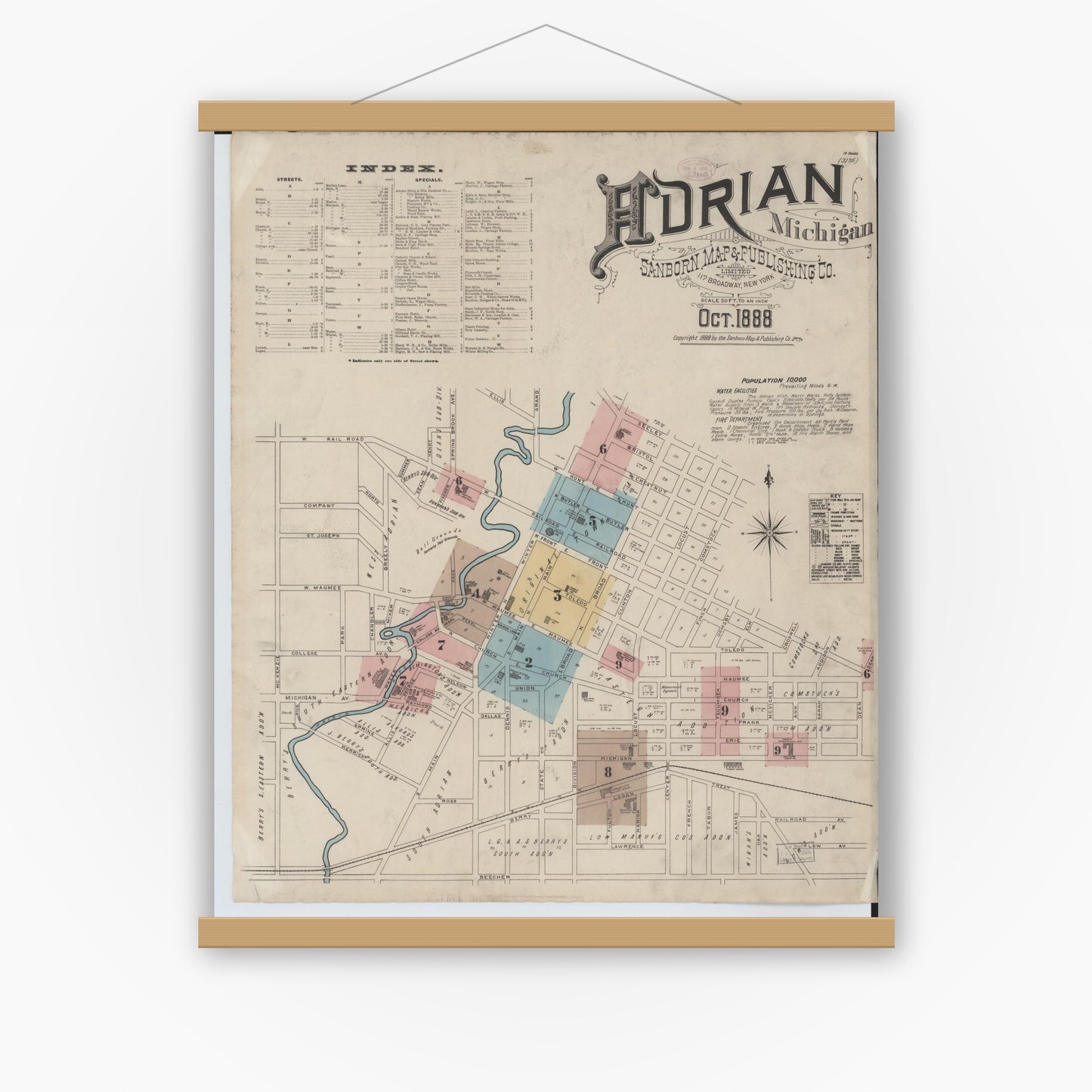 Old map wall art mockup — magnetic wood frame on white wall — Sanborn Fire Insurance Map from Adrian, Lenawee County, Michigan (1888) - Complete Map Set