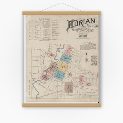 Old map wall art mockup — magnetic wood frame on white wall — Sanborn Fire Insurance Map from Adrian, Lenawee County, Michigan (1888) - Complete Map Set