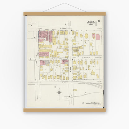 Old map wall art mockup — magnetic wood frame on white wall — Sanborn Fire Insurance Map from Warren, Trumbull County, Ohio (1915), Sheet #0006