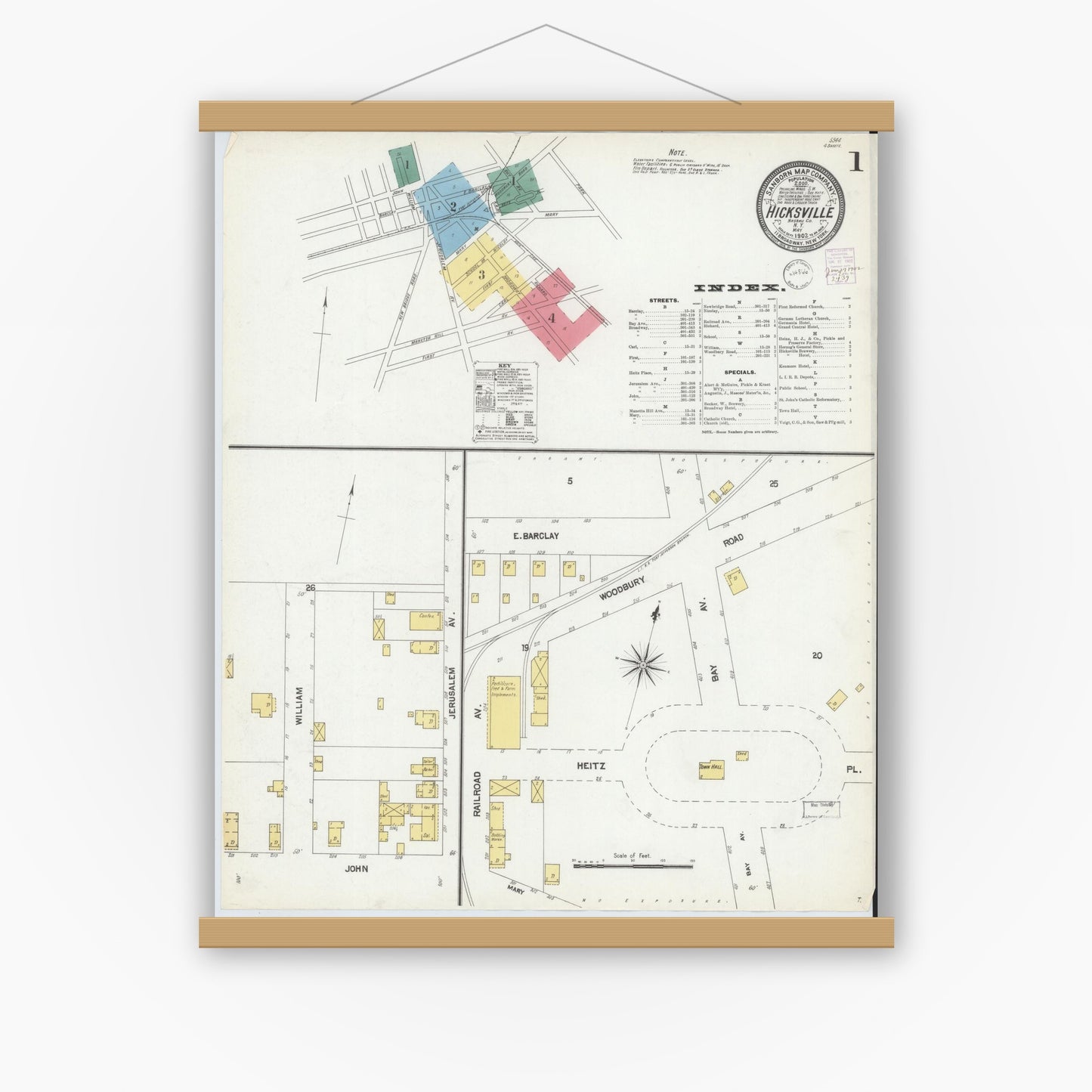 Old map wall art mockup — magnetic wood frame on white wall — Sanborn Fire Insurance Map from Hicksville, Nassau County, New York (1902), Sheet #0001