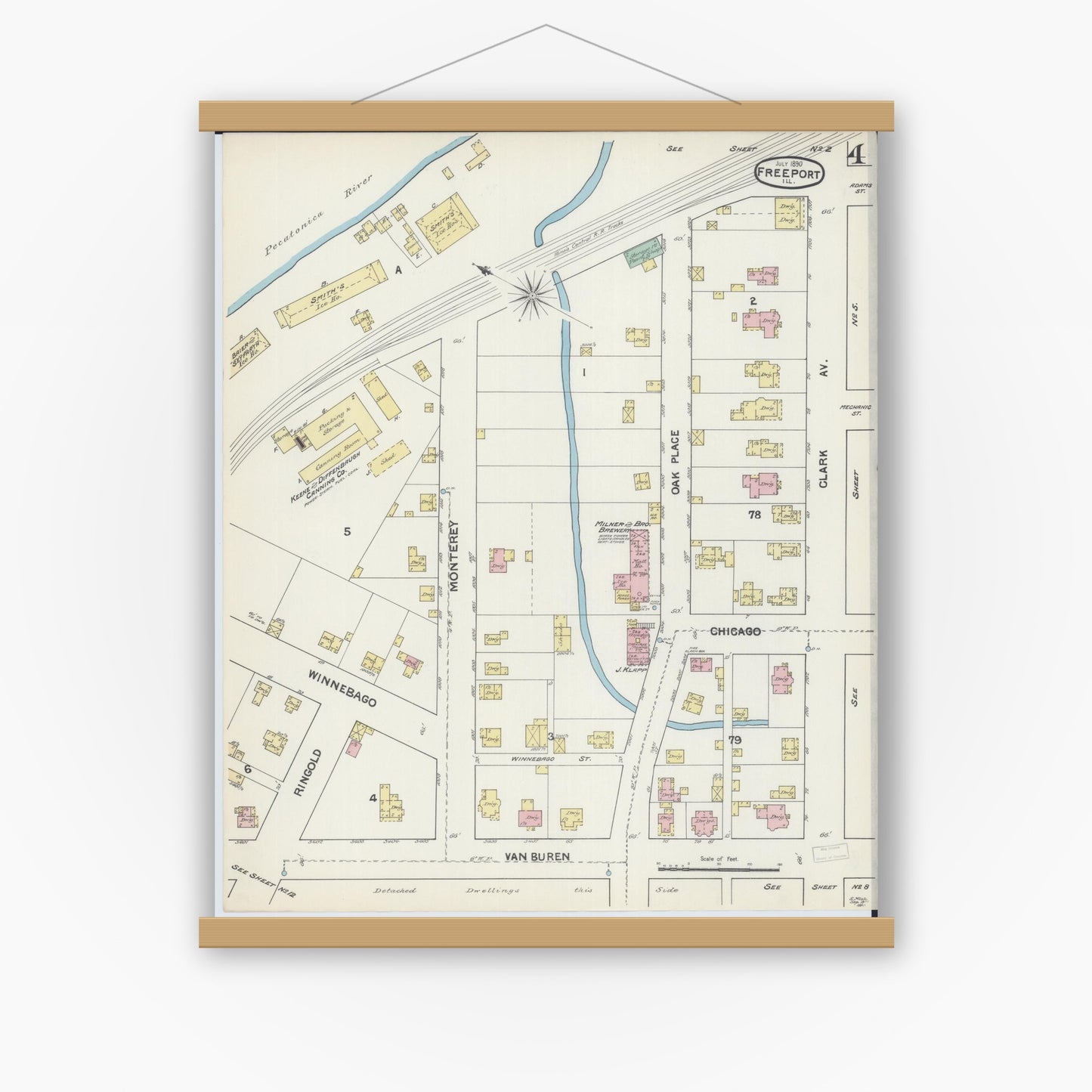Old map wall art mockup — magnetic wood frame on white wall — Sanborn Fire Insurance Map from Freeport, Stephenson County, Illinois (1890), Sheet #0004