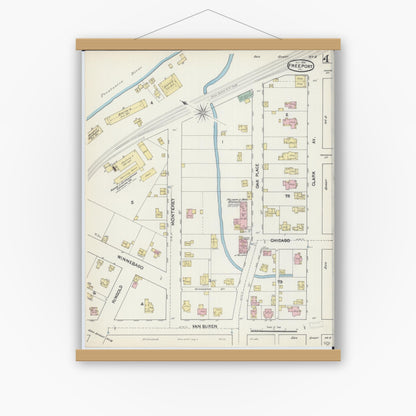 Old map wall art mockup — magnetic wood frame on white wall — Sanborn Fire Insurance Map from Freeport, Stephenson County, Illinois (1890), Sheet #0004