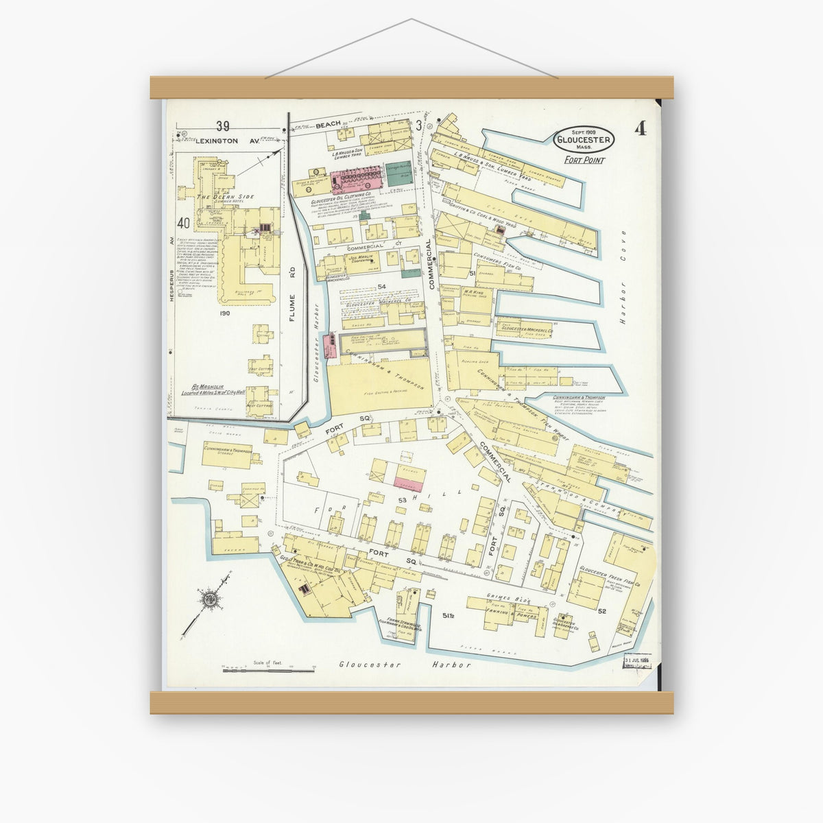Old map wall art mockup — magnetic wood frame on white wall — Sanborn Fire Insurance Map from Gloucester, Essex County, Massachusetts (1909), Sheet #0004