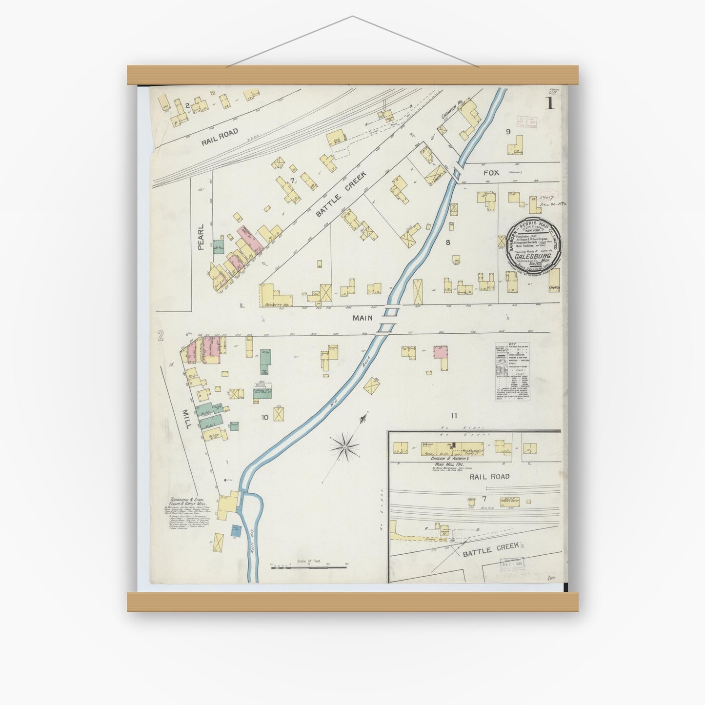 Old map wall art mockup — magnetic wood frame on white wall — Sanborn Fire Insurance Map from Galesburg, Kalamazoo County, Michigan (1892) - Complete Map Set