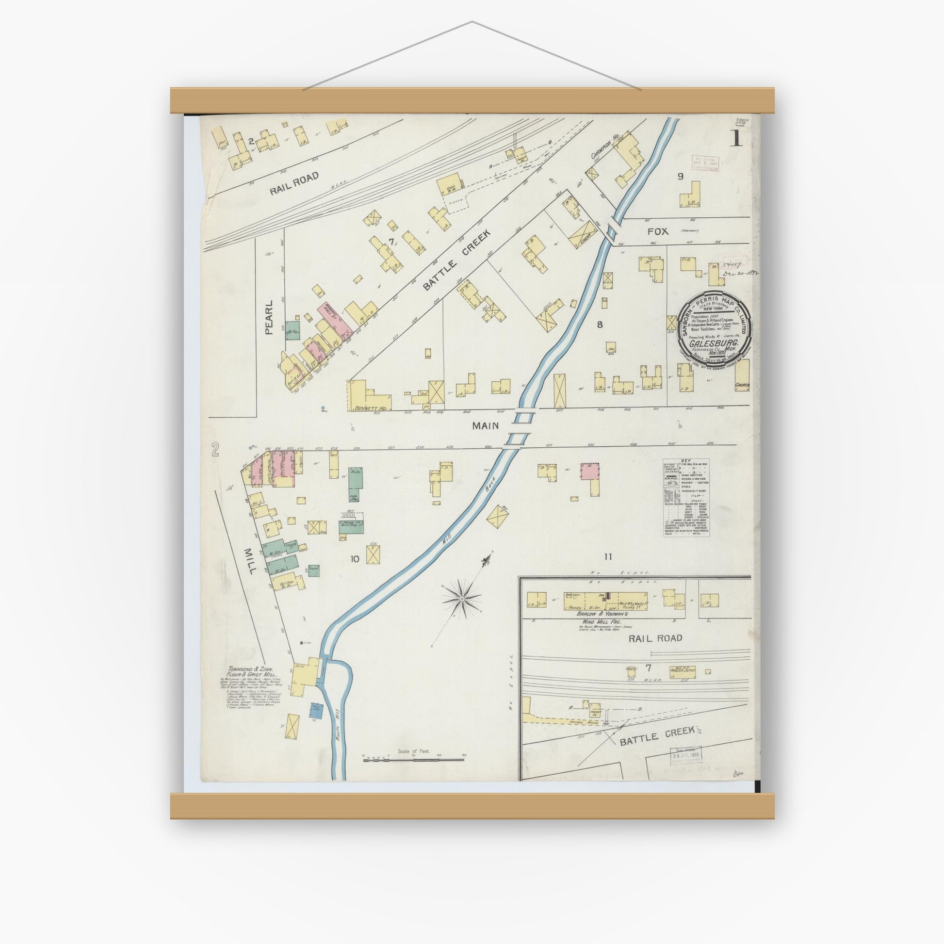 Old map wall art mockup — magnetic wood frame on white wall — Sanborn Fire Insurance Map from Galesburg, Kalamazoo County, Michigan (1892) - Complete Map Set