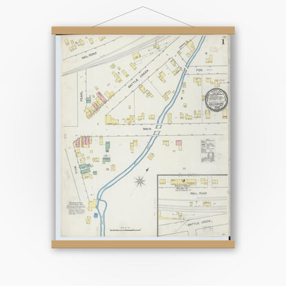 Old map wall art mockup — magnetic wood frame on white wall — Sanborn Fire Insurance Map from Galesburg, Kalamazoo County, Michigan (1892) - Complete Map Set