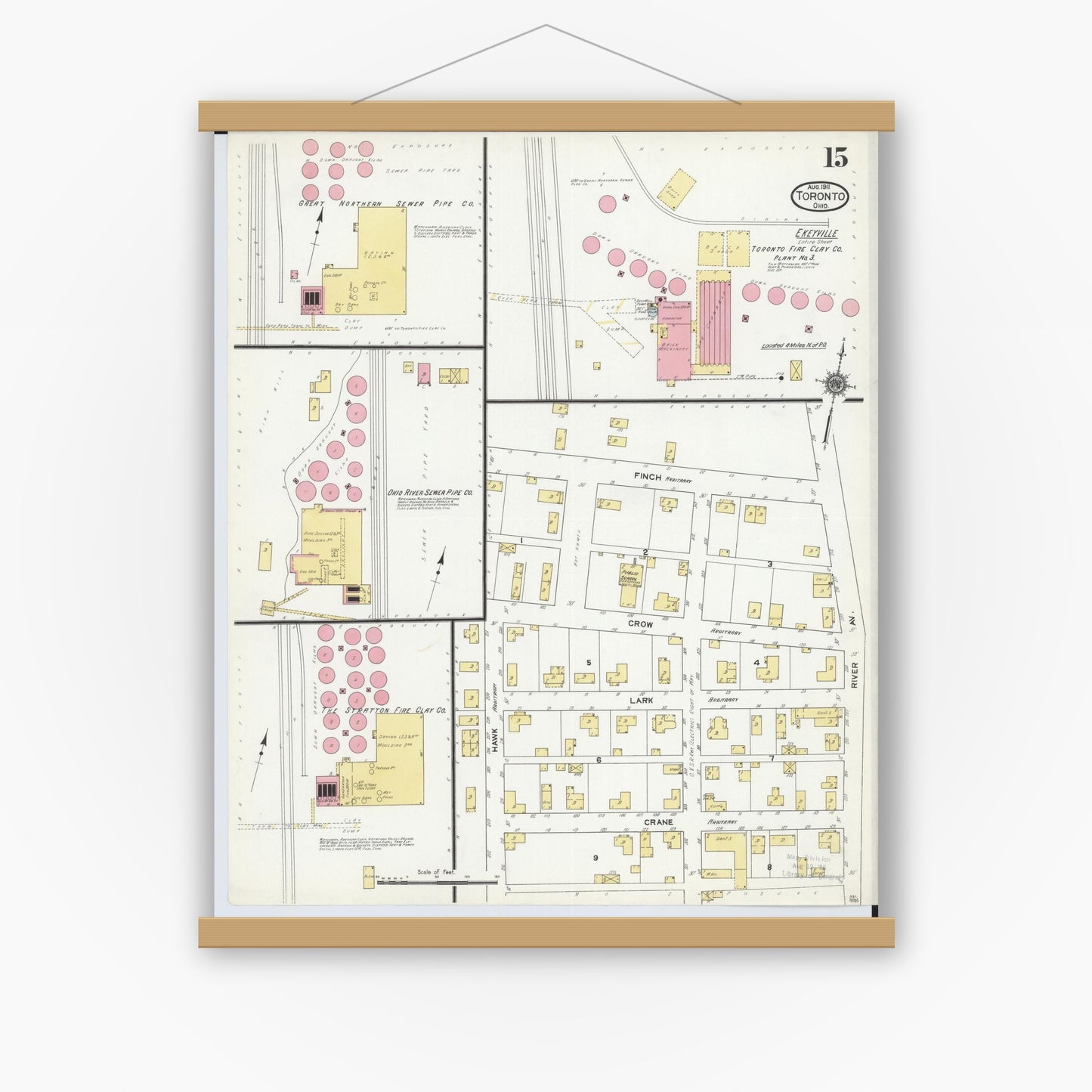 Old map wall art mockup — magnetic wood frame on white wall — Sanborn Fire Insurance Map from Toronto, Jefferson County, Ohio (1911), Sheet #0015