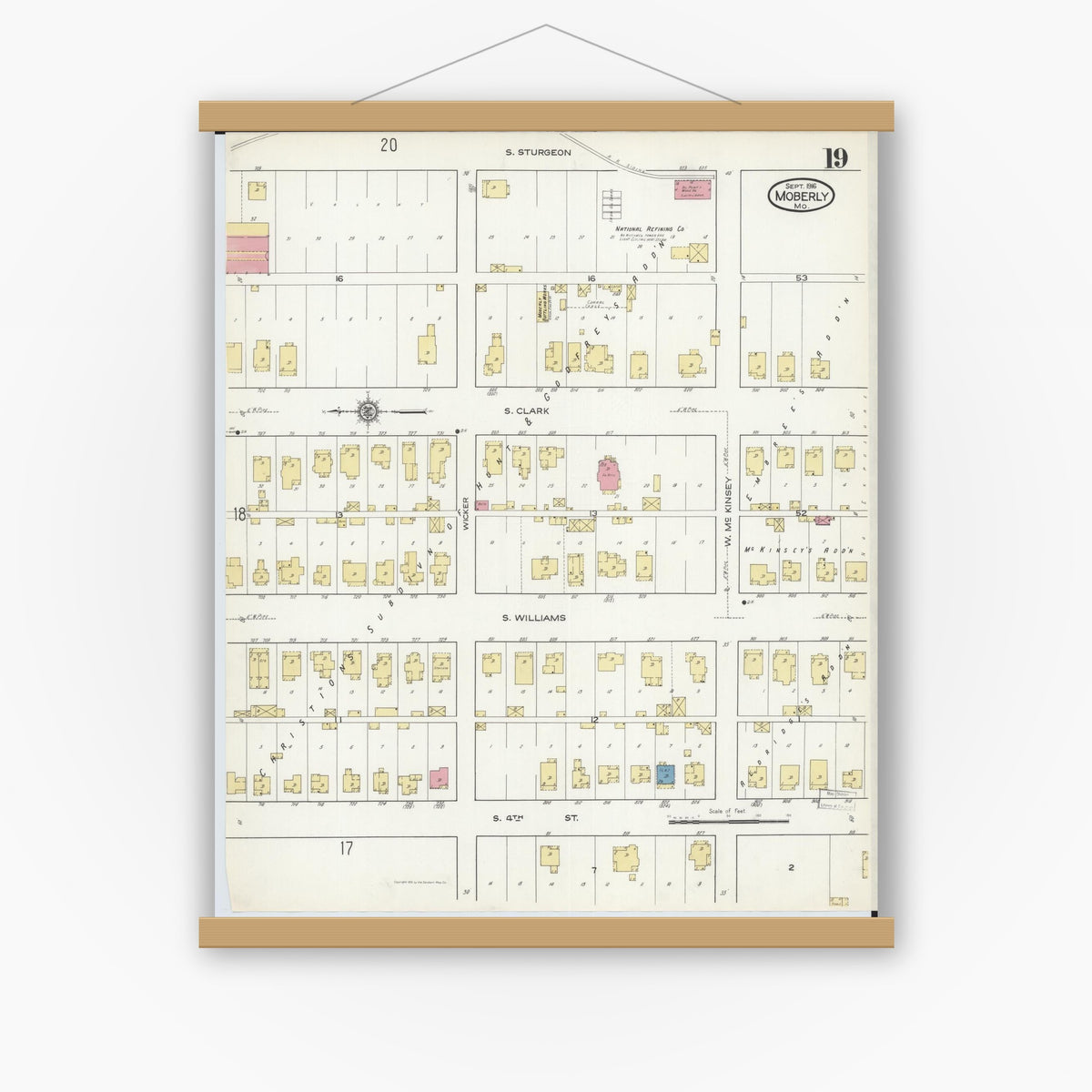 Old map wall art mockup — magnetic wood frame on white wall — Sanborn Fire Insurance Map from Moberly, Randolph County, Missouri (1916), Sheet #0019