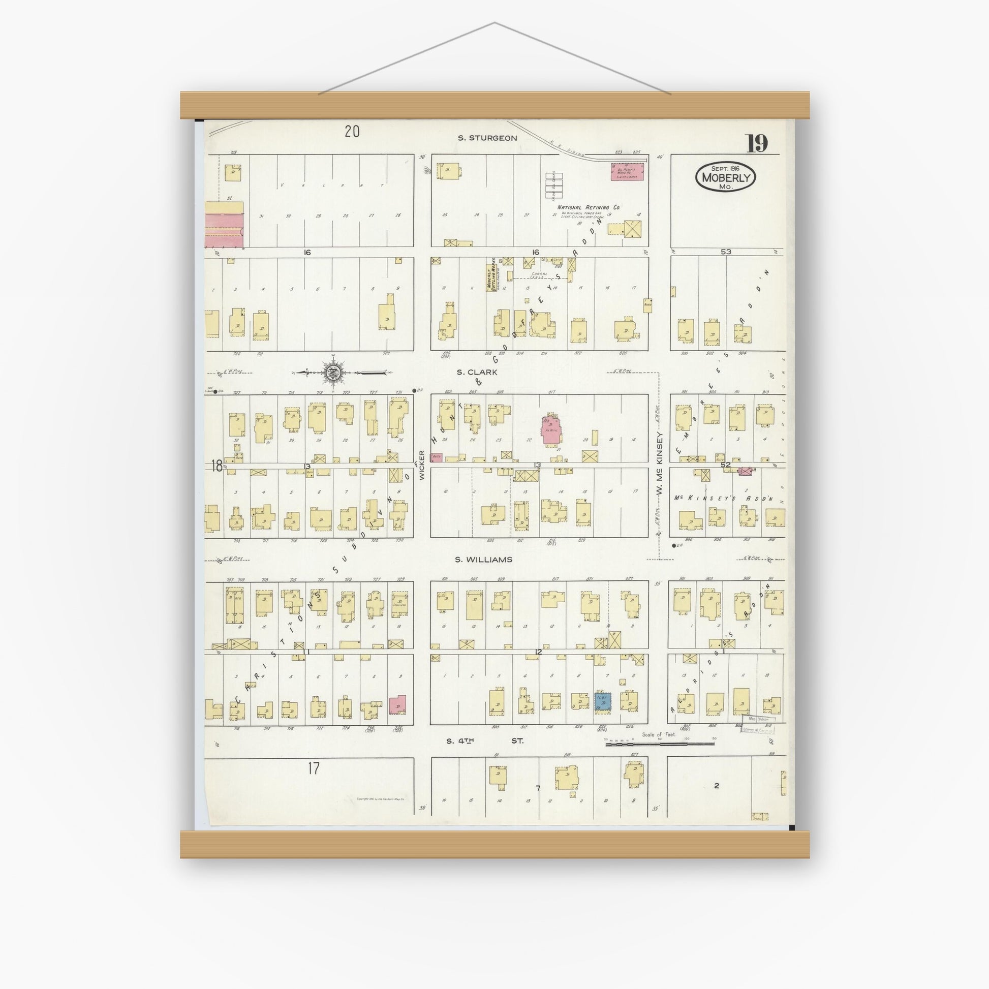 Old map wall art mockup — magnetic wood frame on white wall — Sanborn Fire Insurance Map from Moberly, Randolph County, Missouri (1916), Sheet #0019
