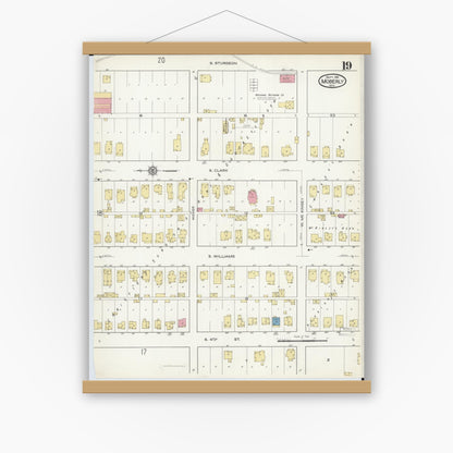 Old map wall art mockup — magnetic wood frame on white wall — Sanborn Fire Insurance Map from Moberly, Randolph County, Missouri (1916), Sheet #0019