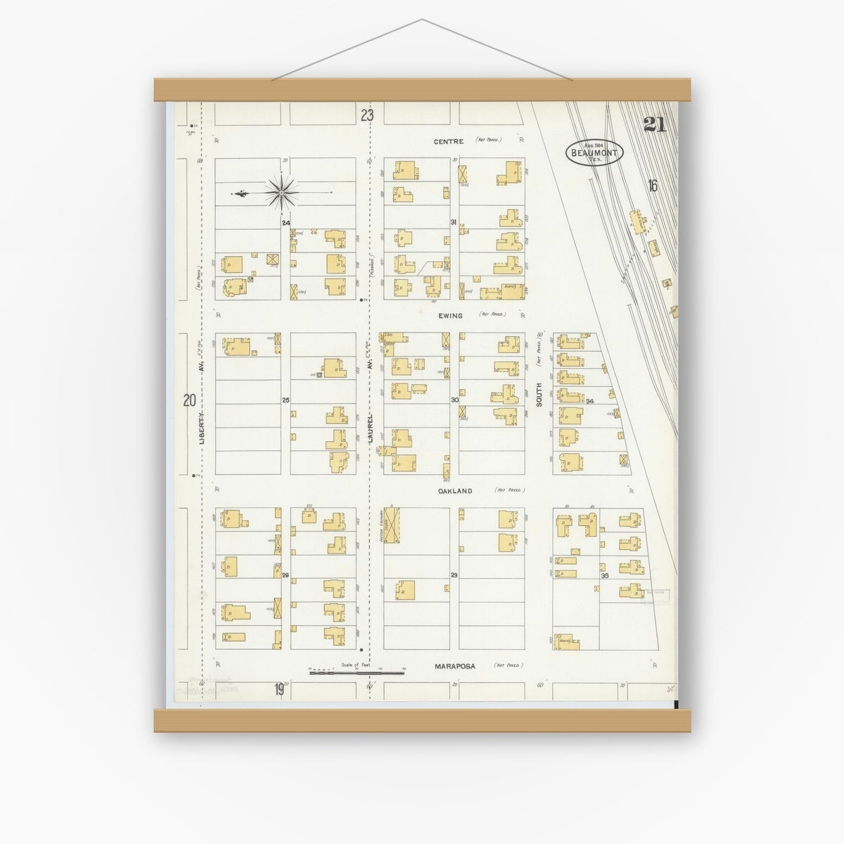Old map wall art mockup — magnetic wood frame on white wall — Sanborn Fire Insurance Map from Beaumont, Jefferson County, Texas (1904), Sheet #0021