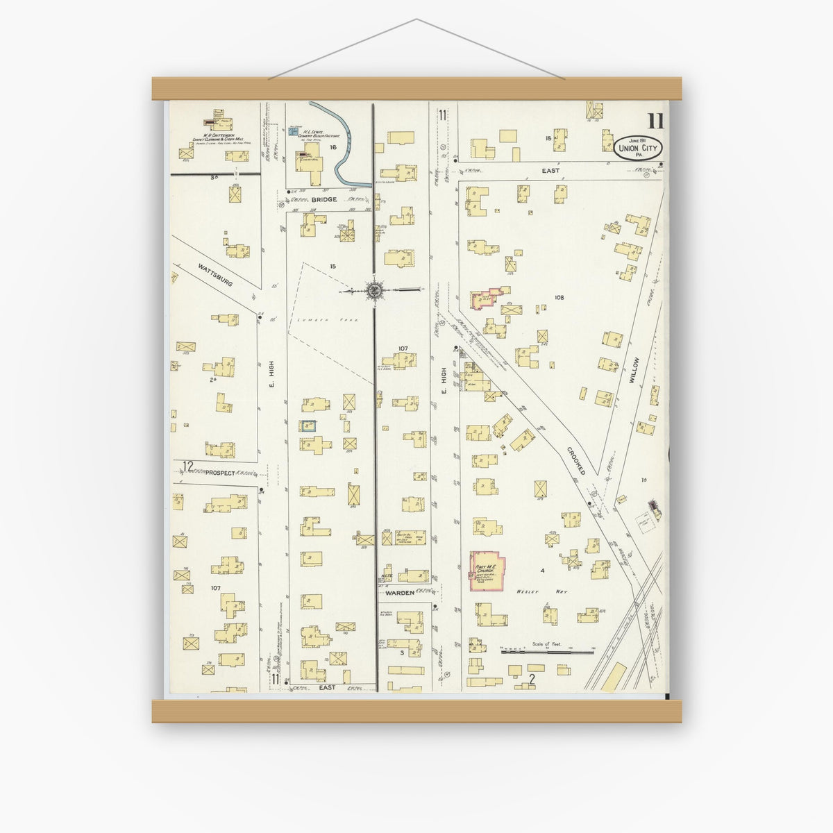 Old map wall art mockup — magnetic wood frame on white wall — Sanborn Fire Insurance Map from Union City, Erie County, Pennsylvania (1911), Sheet #0011