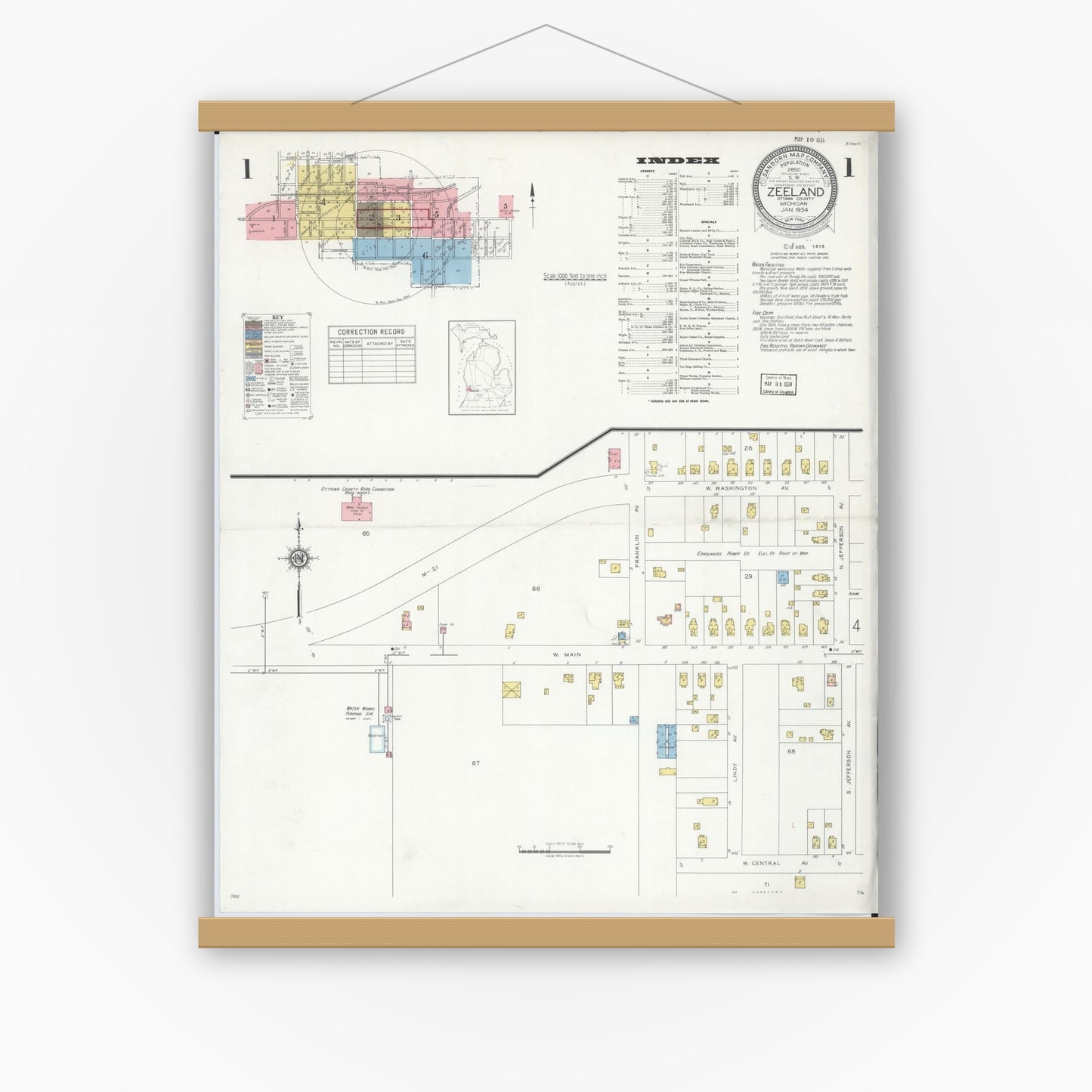 Old map wall art mockup — magnetic wood frame on white wall — Sanborn Fire Insurance Map from Zeeland, Ottawa County, Michigan (1934) - Complete Map Set