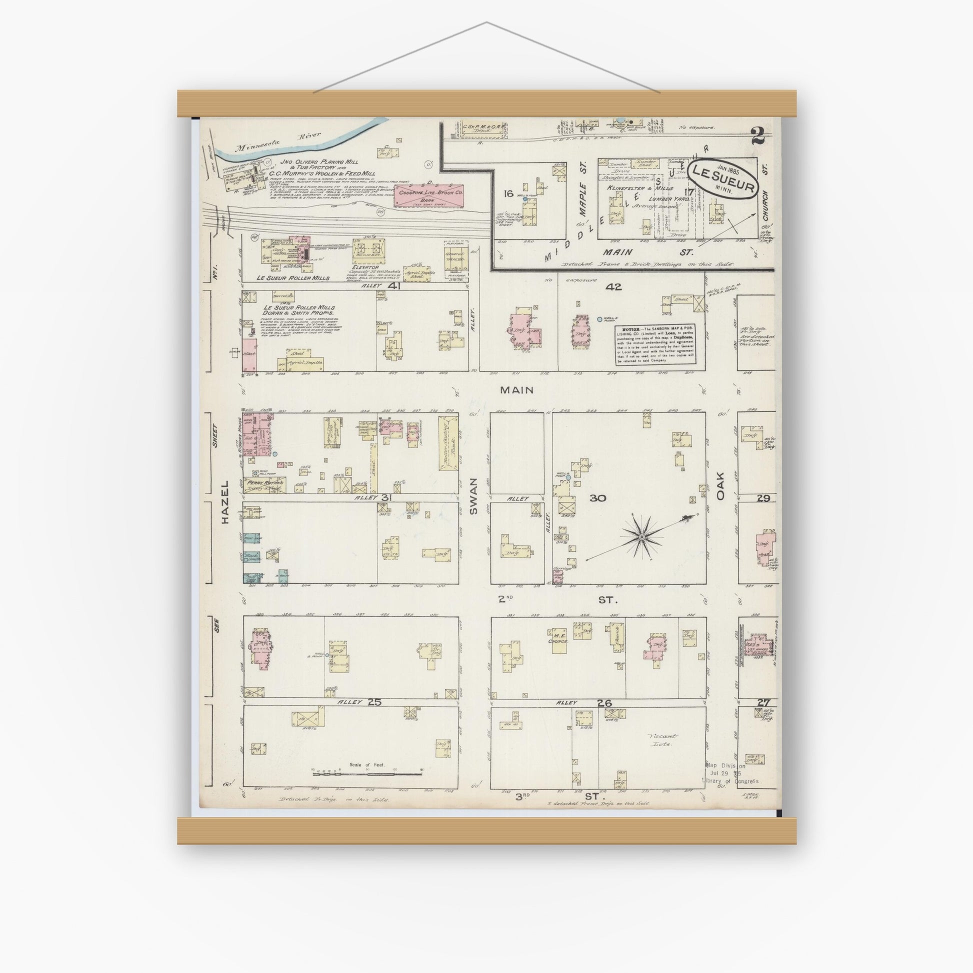 Old map wall art mockup — magnetic wood frame on white wall — Sanborn Fire Insurance Map from Le Sueur, Le Sueur County, Minnesota (1885), Sheet #0002