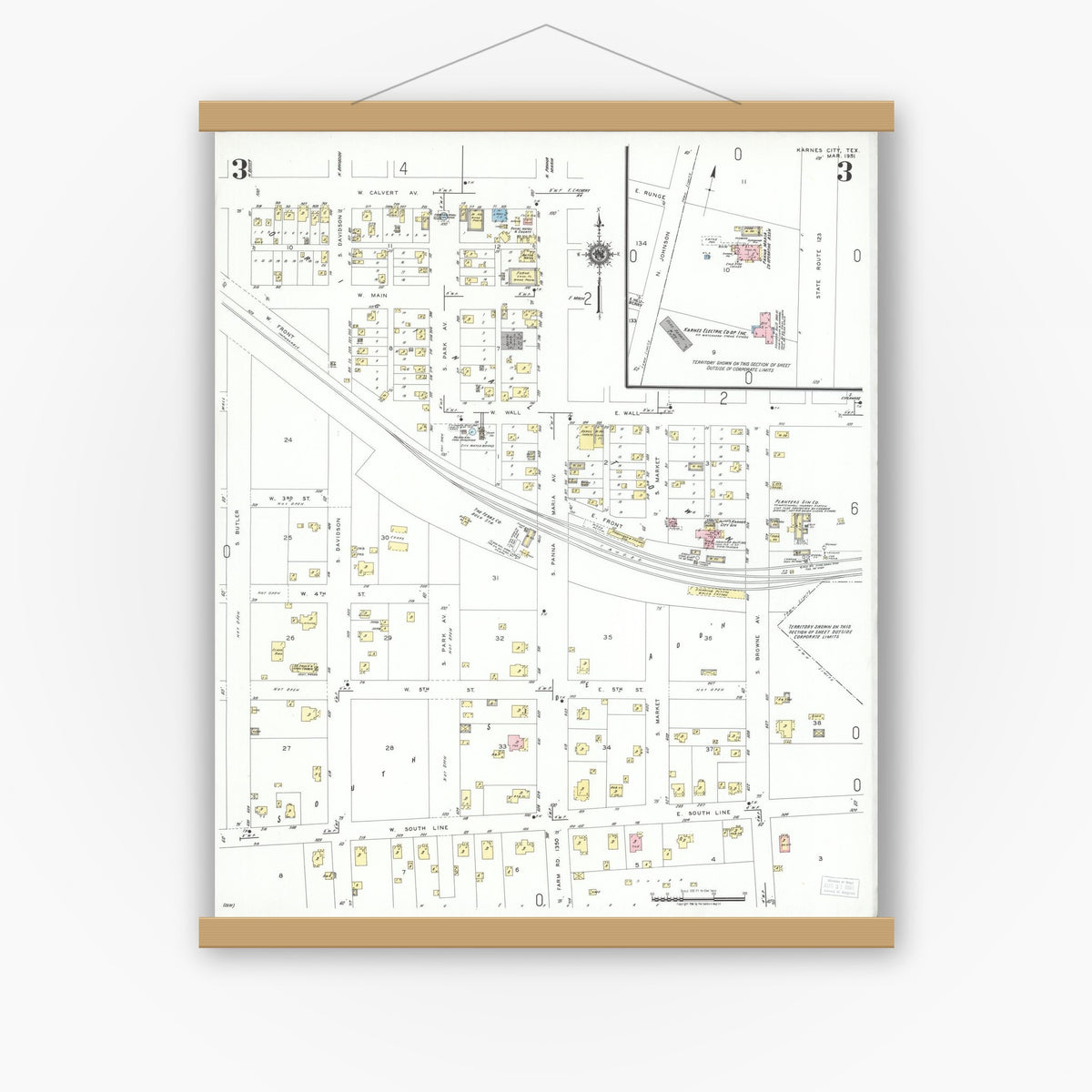 Old map wall art mockup — magnetic wood frame on white wall — Sanborn Fire Insurance Map from Karnes City, Karnes County, Texas (1951), Sheet #0003