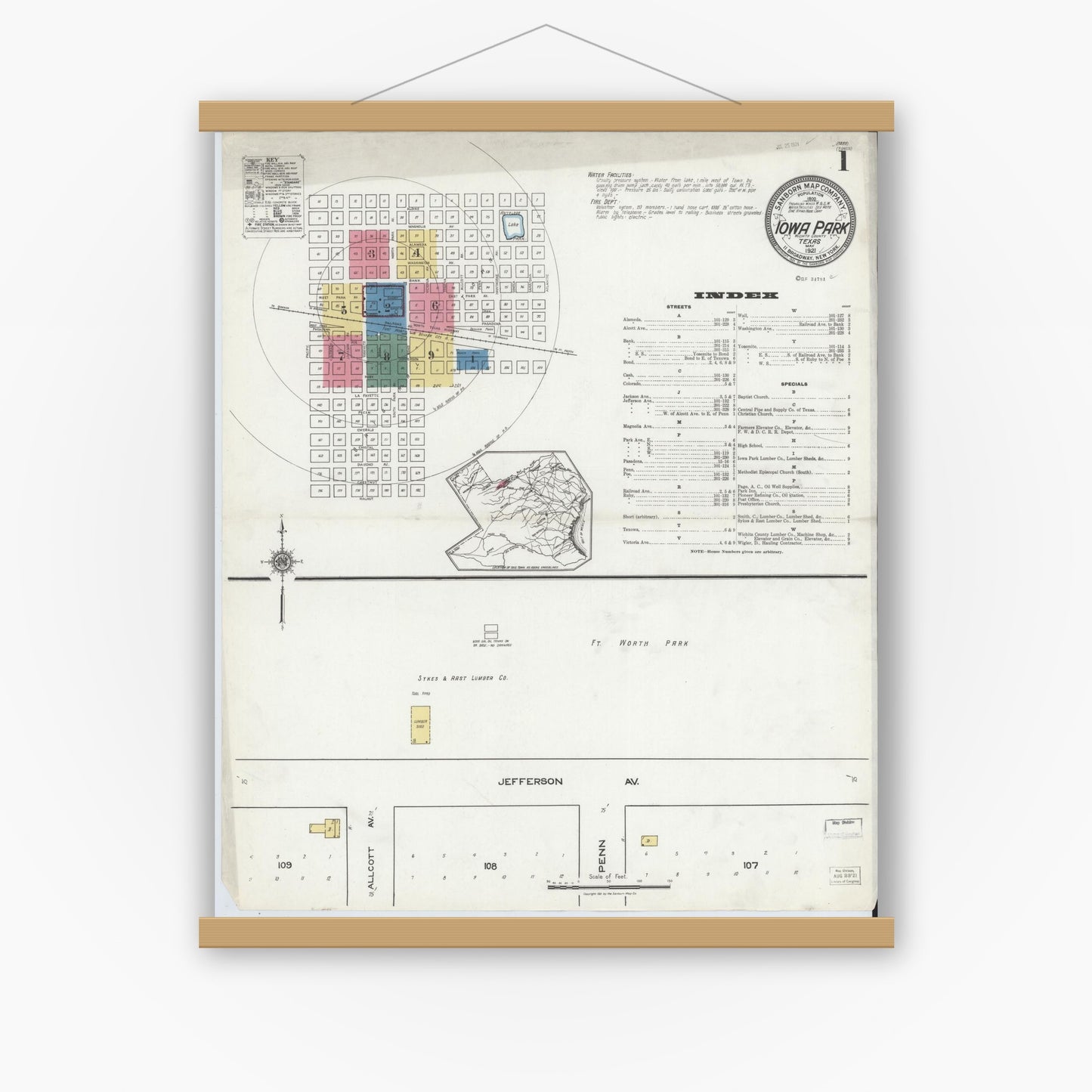 Old map wall art mockup — magnetic wood frame on white wall — Sanborn Fire Insurance Map from Iowa Park, Wichita County, Texas (1921), Sheet #0001