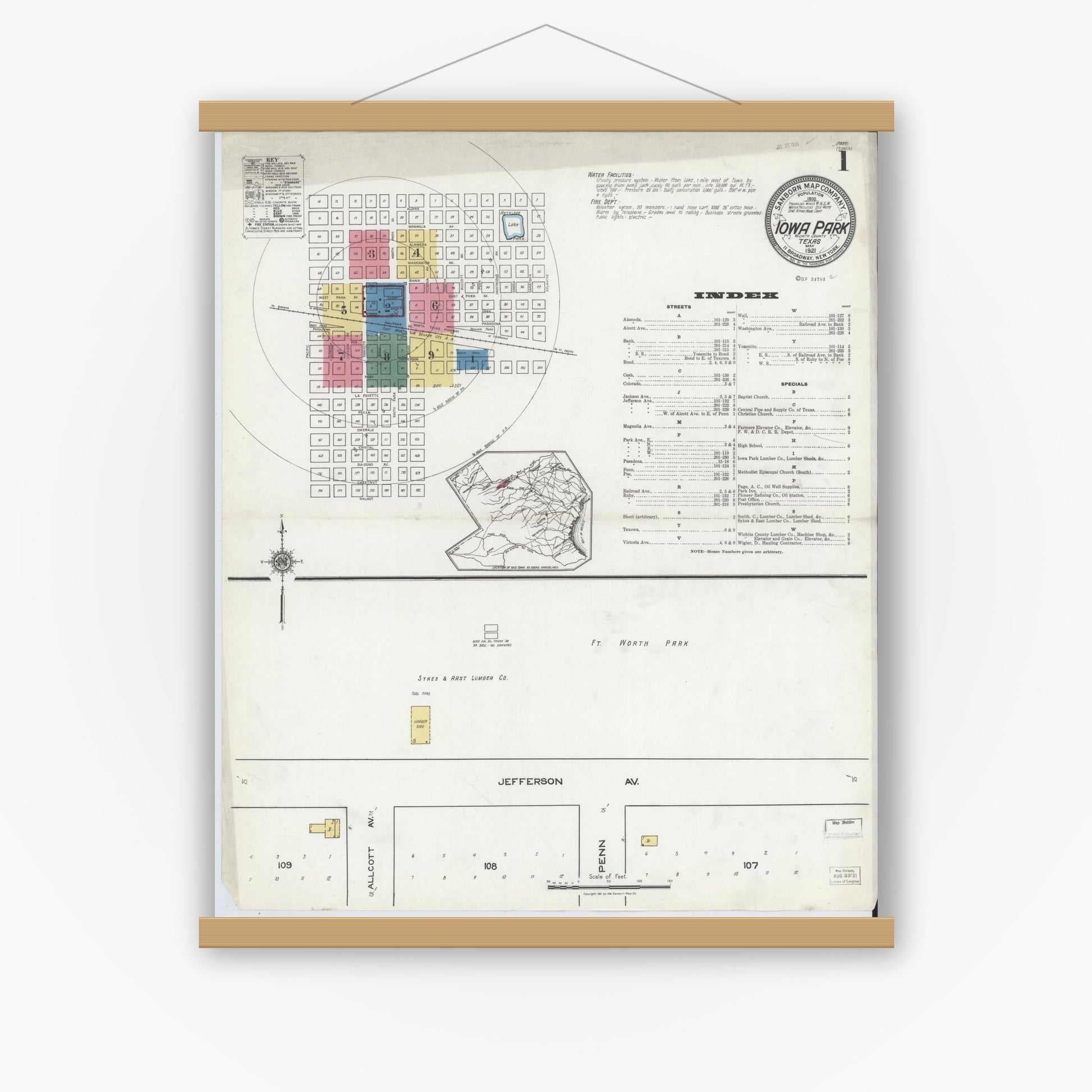 Old map wall art mockup — magnetic wood frame on white wall — Sanborn Fire Insurance Map from Iowa Park, Wichita County, Texas (1921), Sheet #0001